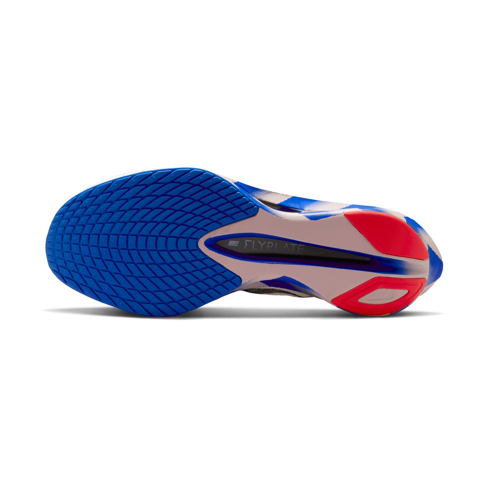 Nike Vaporfly 4 men's running shoe in White / Racer Blue / Silt Red / Black — outsole view showing thinner rubber tread pattern and racer blue optimised ZoomX foam midsole stack with full-length carbon fibre Flyplate profile