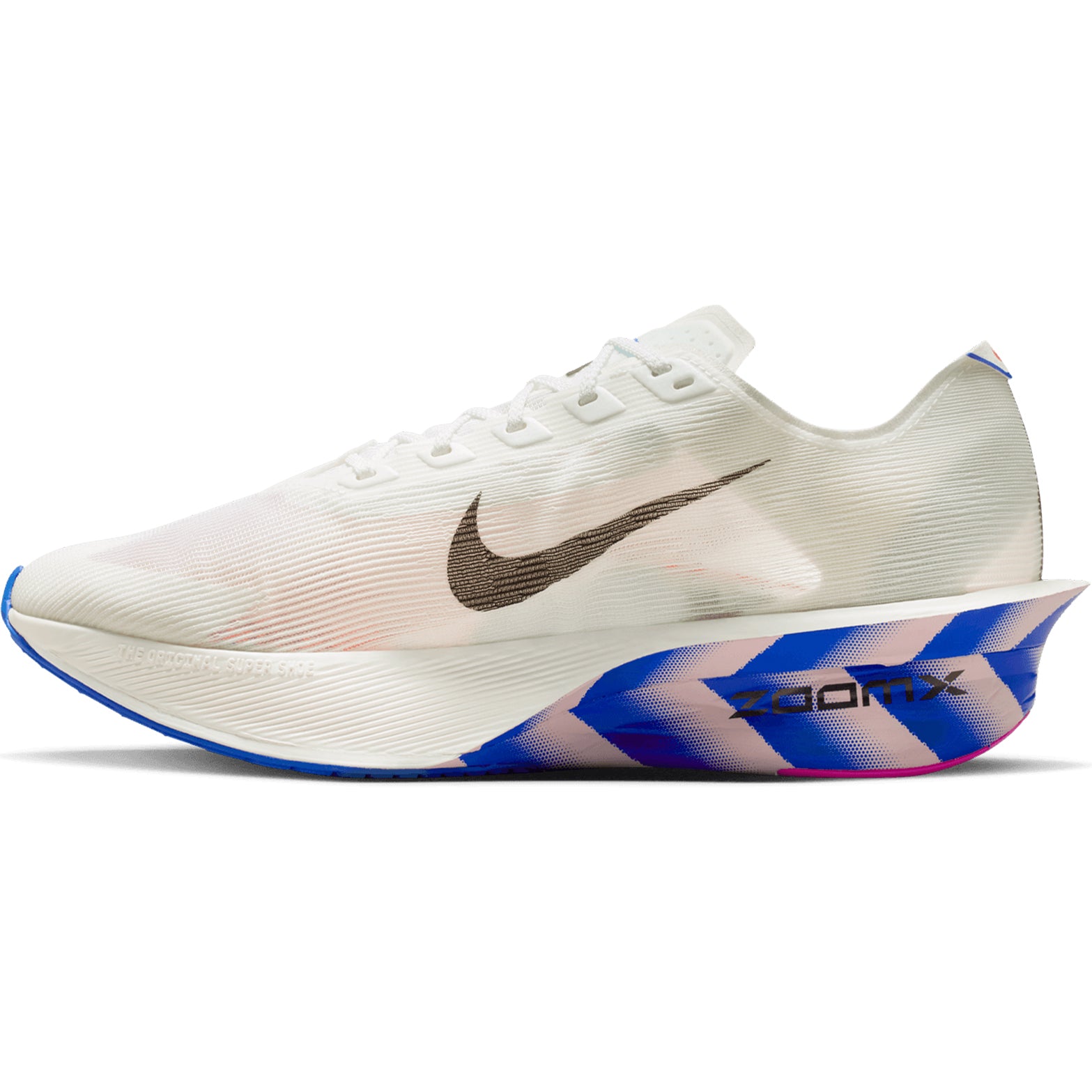 Nike Vaporfly 4 men's running shoe in White / Racer Blue / Silt Red / Black — inner view showing white engineered mesh upper, reduced heel and tongue dimensions, racer blue midsole detailing and carbon fibre Flyplate construction