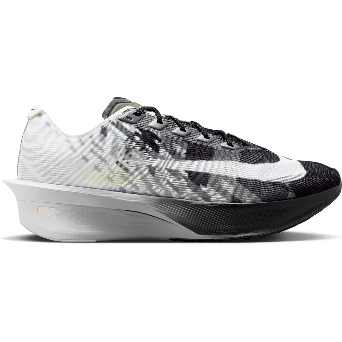 A side view of the Nike Men’s Vaporfly 4 SE Running Shoes in Black, White, and Smoke Grey showcases a geometric pattern, a thick sculpted white midsole equipped with a responsive carbon fibre Flyplate, and a black outsole—all specially designed by Nike for speed and high performance.