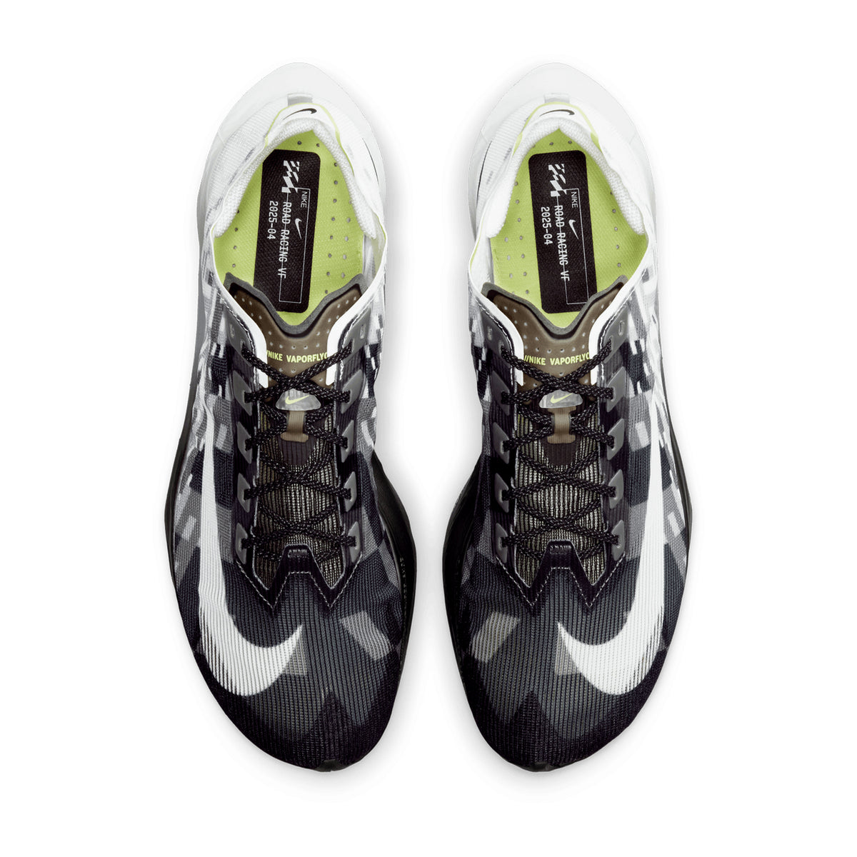 Top view of the Nike Men’s Vaporfly 4 SE Running Shoes in Black, White, and Smoke Grey, featuring a camouflage pattern, bold white swoosh logos on the outer sides, and a carbon fibre Flyplate for enhanced performance, set against a white background.