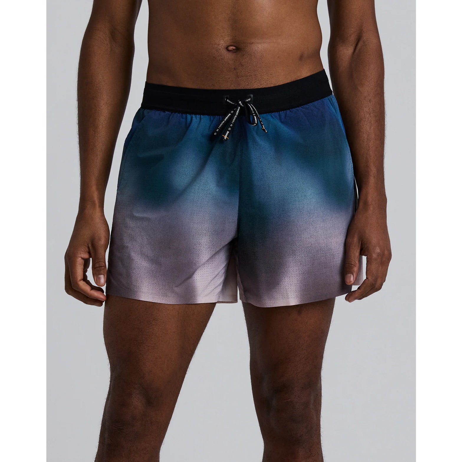 Bandit Vento™ 5 Inch Run Shorts men's in Flow State Aegean Multi — front view worn on model showing 5 inch silhouette, flow state aegean multi Vento™ fabric and custom branded drawstring waistband
