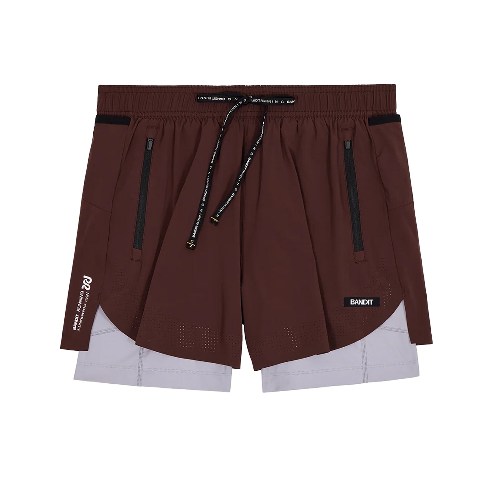 Men's Bandit Vento Next Gen 2-in-1 Run Short Cacao product view showing silky four-way stretch Vento fabric with SoLite compression liner and water-repellent finish