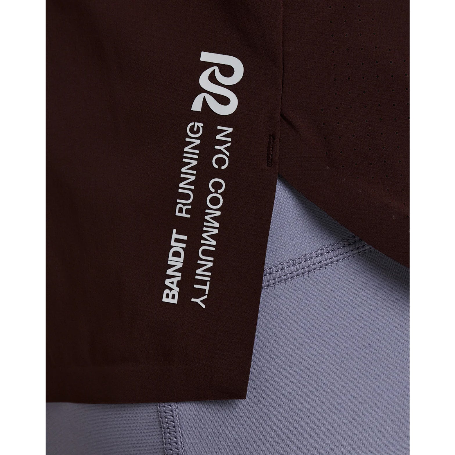 Men's Bandit Vento Next Gen 2-in-1 Run Short Cacao side close-up showing reflective branding details for low-light visibility with four-way stretch Vento fabric