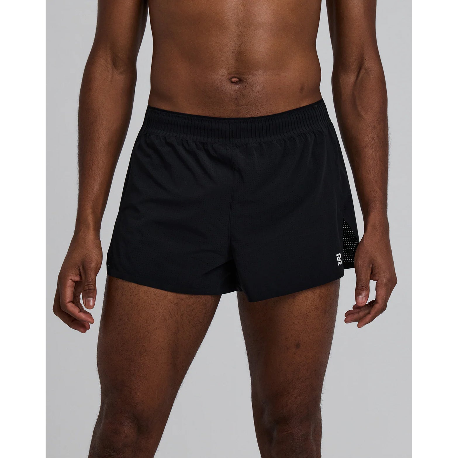 Men's Bandit Vento Next Gen 3 Inch Split Short Black front view showing custom waistband with branded drawstring and PFC-free water-repellent finish