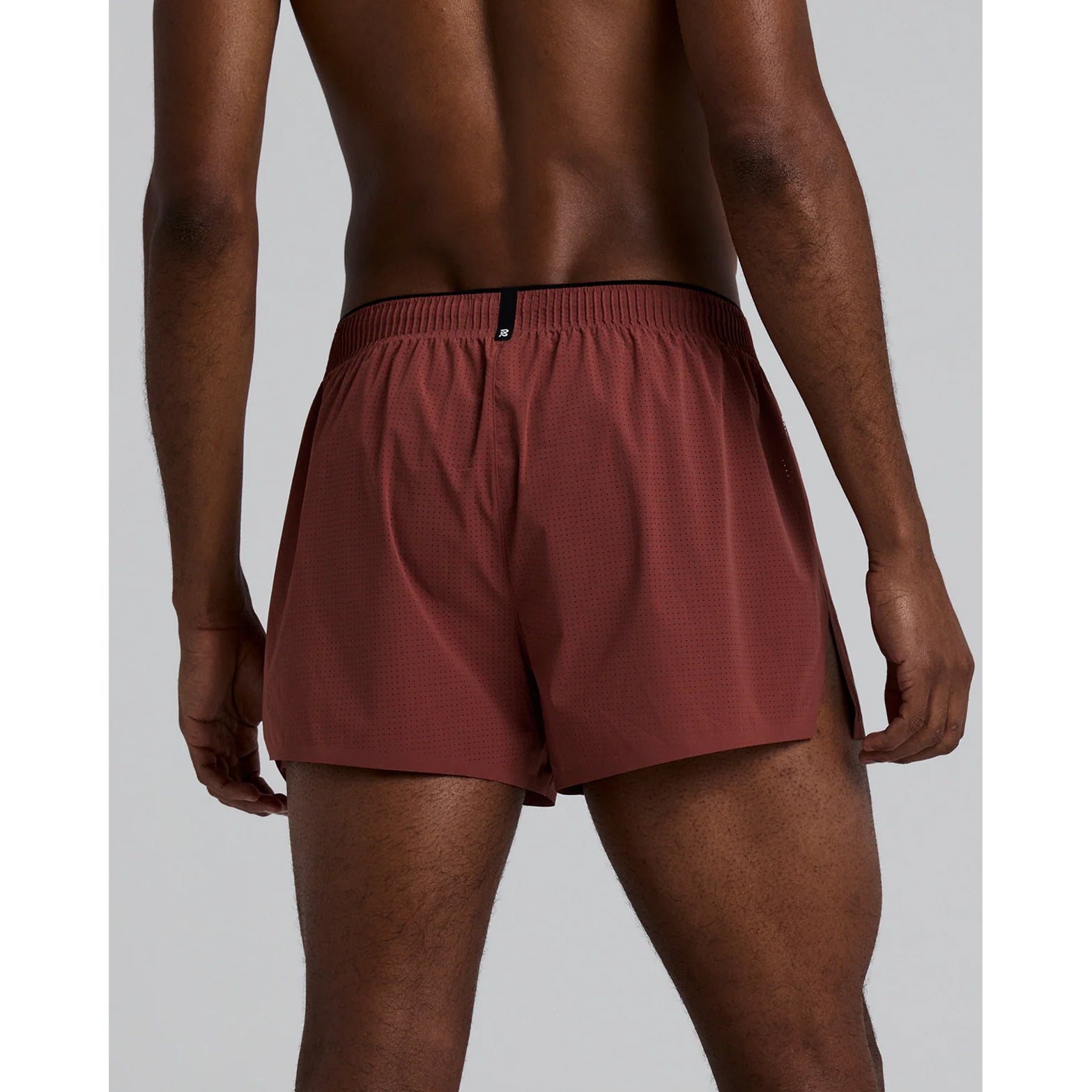 Men's Bandit Vento Next Gen 3 Inch Split Short Mahogany back view showing waterproof phone pocket, gel storage and reflective branding for visibility