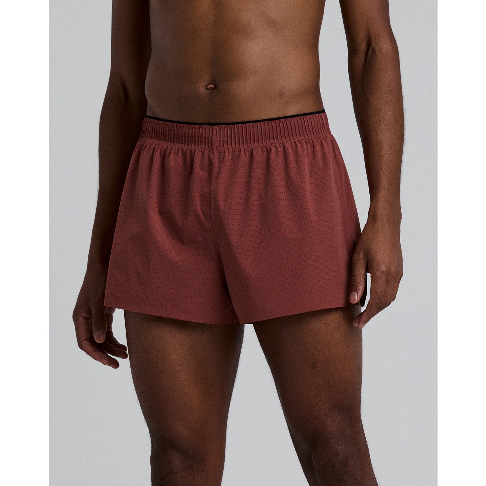 Men's Bandit Vento Next Gen 3 Inch Split Short Mahogany front view showing custom waistband with branded drawstring and PFC-free water-repellent finish