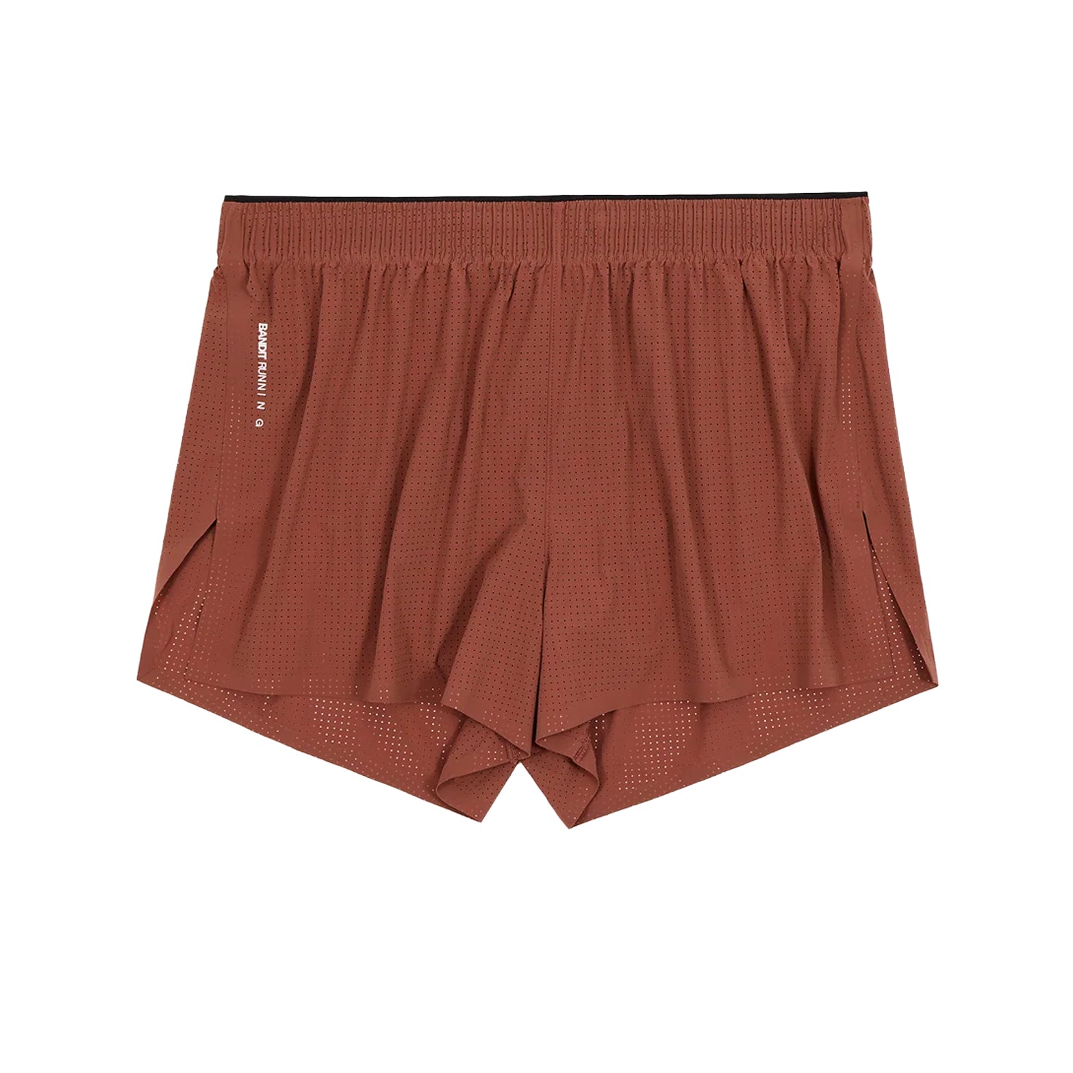 Men's Bandit Vento Next Gen 3 Inch Split Short Mahogany product view showing silky four-way stretch Vento fabric with bonded cutaway split and Coolcore anti-chafe brief