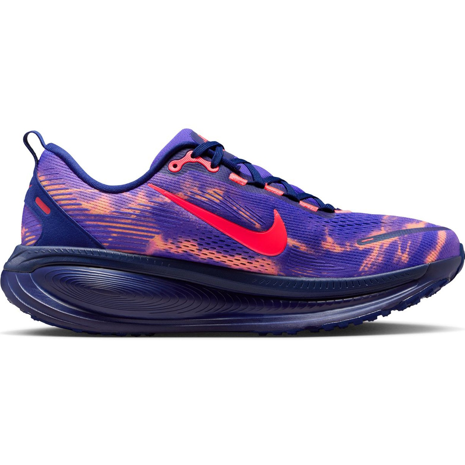 Men's Nike Vomero 18 Running Shoes Indigo Burst Blue Void Orange Pulse Hot Lava outer side view showing dual-density ZoomX and ReactX midsole