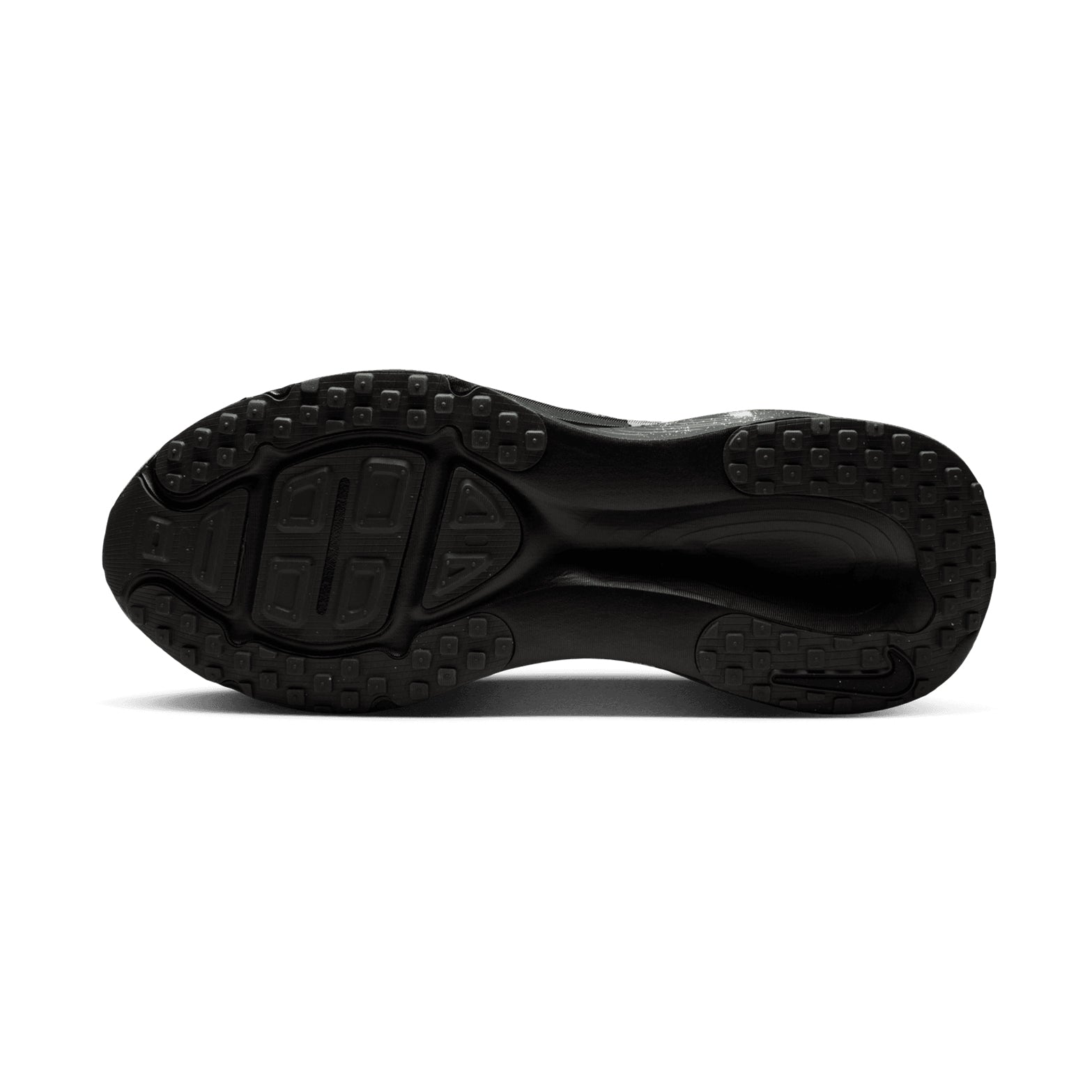 Nike Vomero 18 men's running shoe in Iron Grey / Black / Light Smoke Grey — outsole view showing redesigned traction pattern, strategic outsole pods and light smoke grey ReactX midsole stack