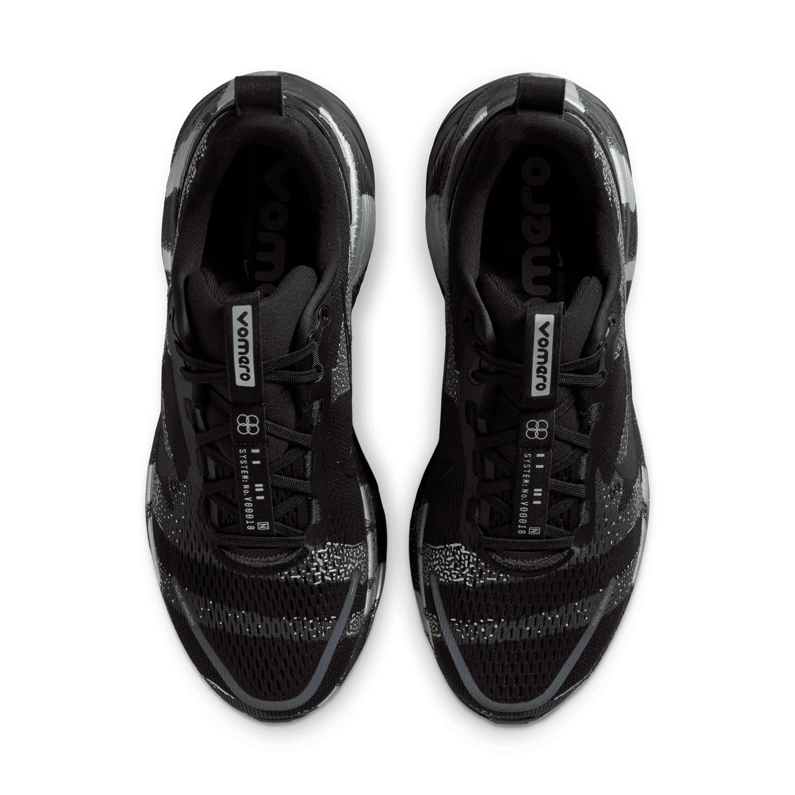 Nike Vomero 18 men's running shoe in Iron Grey / Black / Light Smoke Grey — top-down view showing iron grey engineered mesh upper, plush tongue construction and lace closure with black detailing