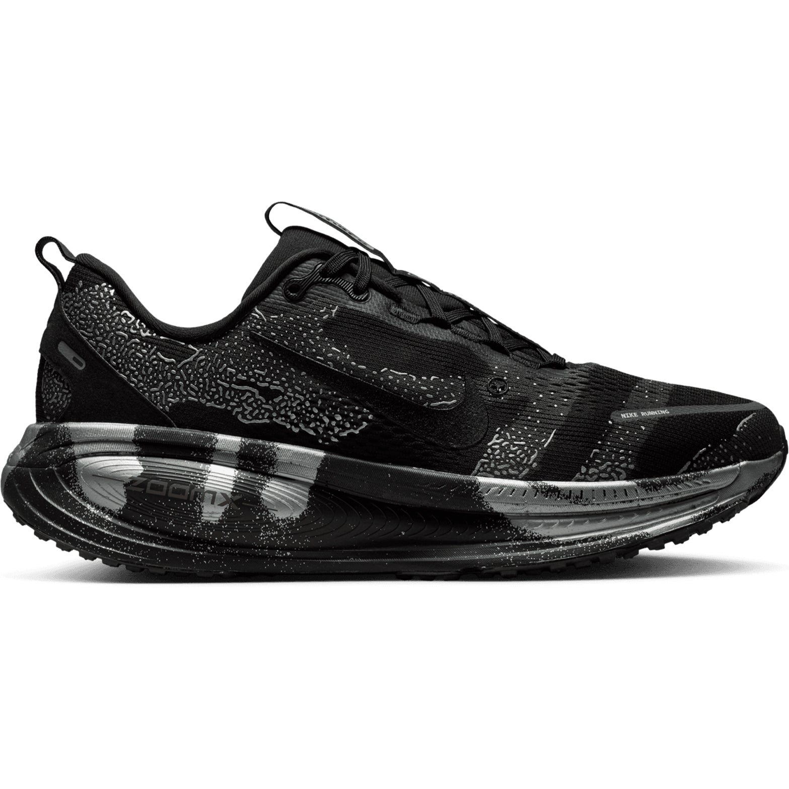 Nike Vomero 18 men's running shoe in Iron Grey / Black / Light Smoke Grey — outer view showing iron grey engineered mesh upper with black detailing, light smoke grey accent and dual-density ZoomX ReactX midsole profile