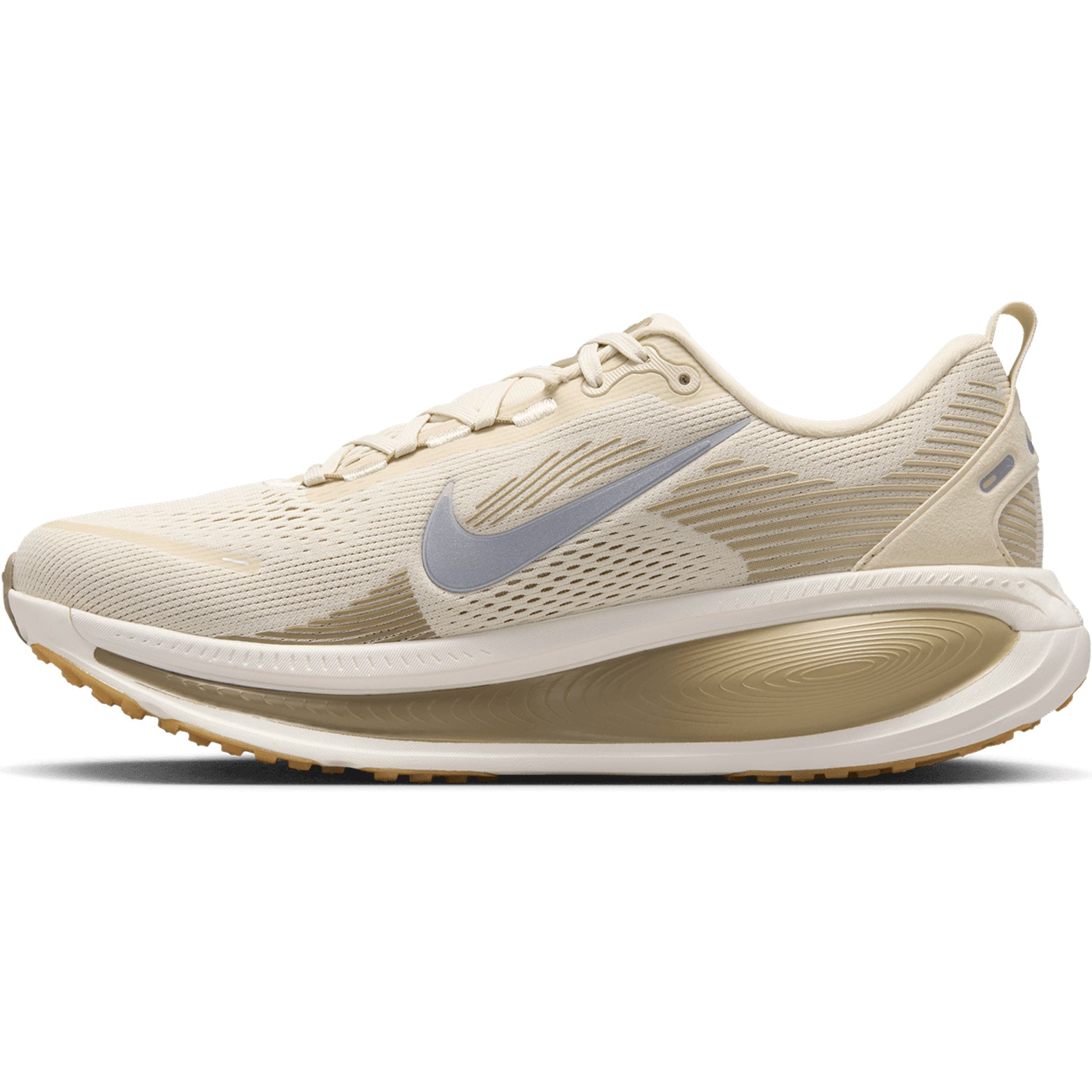 Men's Nike Vomero 18 Running Shoes Light Khaki Desert Khaki Sail Metallic Silver inner side view showing stacked ZoomX and ReactX foam with plush tongue and lining for comfortable daily training