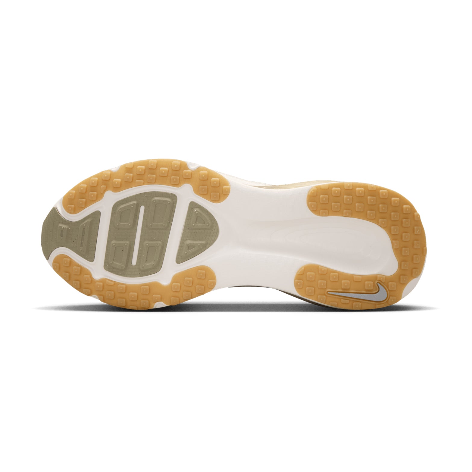 Men's Nike Vomero 18 Running Shoes Light Khaki Desert Khaki Sail Metallic Silver sole view displaying redesigned traction pattern with strategic outsole pods for agility and smooth heel-to-toe transitions
