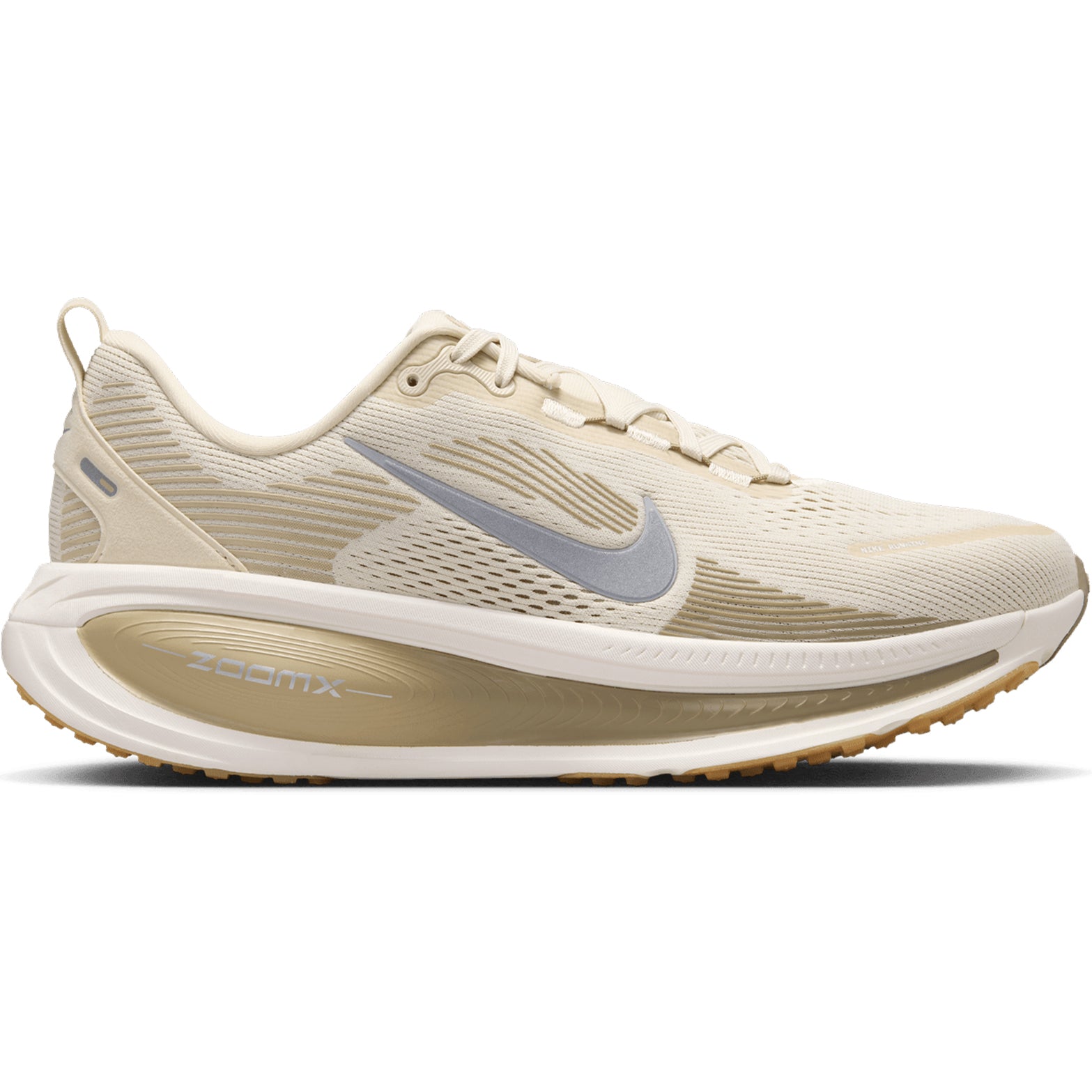 Men's Nike Vomero 18 Running Shoes Light Khaki Desert Khaki Sail Metallic Silver outer side view showing dual-density ZoomX over ReactX foam midsole for maximum cushioned daily road running