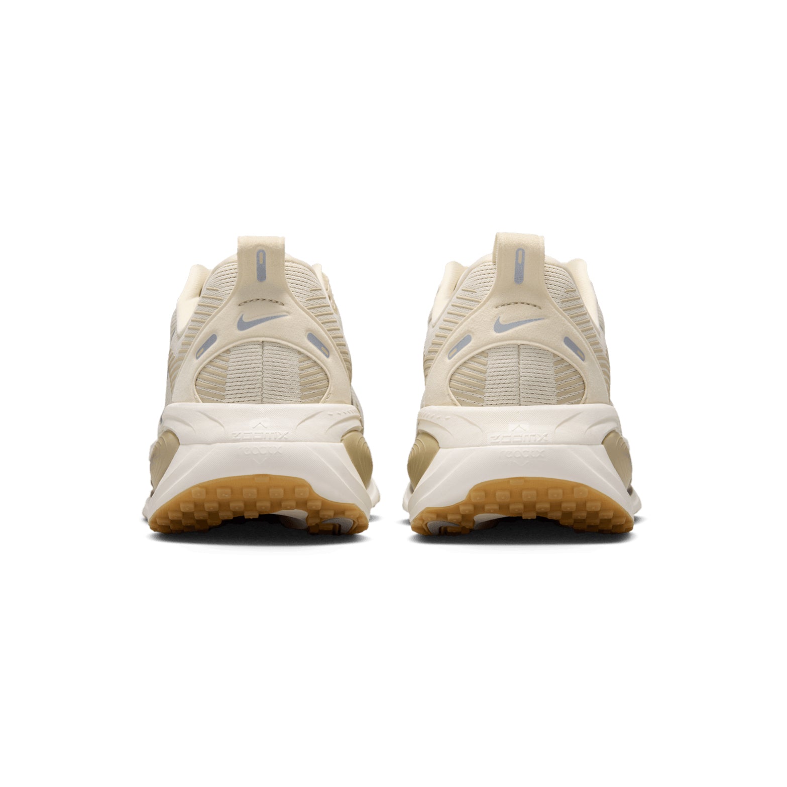 Men's Nike Vomero 18 Running Shoes Light Khaki Desert Khaki Sail Metallic Silver heel view showing dual-density ZoomX over ReactX foam stack for plush protected maximum cushioned daily running