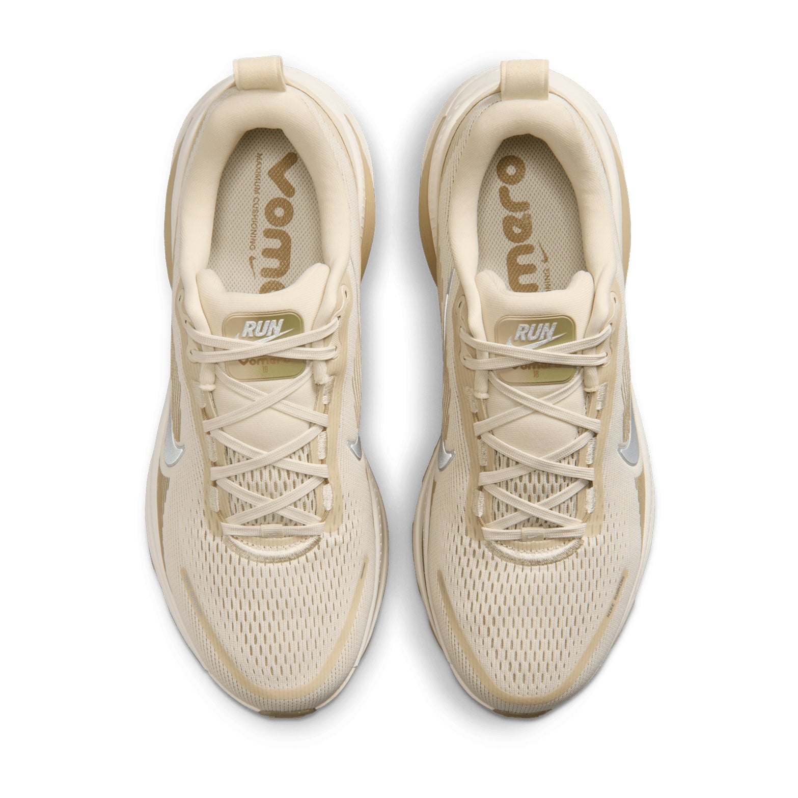 Men's Nike Vomero 18 Running Shoes Light Khaki Desert Khaki Sail Metallic Silver top view showing engineered mesh upper with plush tongue for soft breathable everyday road running