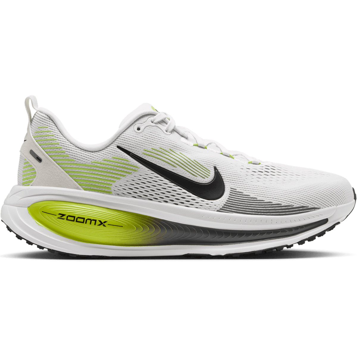 Introducing the Nike Men’s Vomero 18 Running Shoes in Photon Dust, Black, and Volt—white mesh upper with a bold black swoosh, highlighted by lime green (Volt) and gray accents. These everyday trainers feature a thick ZoomX-labeled sole with dual-density cushioning for unrivaled comfort.