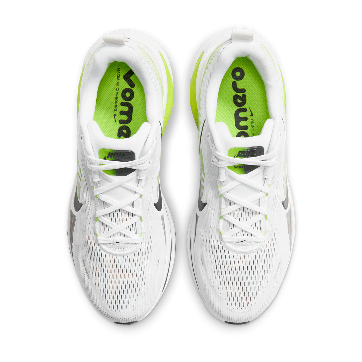 A pair of Nike Men’s Vomero 18 Running Shoes in Photon Dust, Black, and Volt is shown from above on a white background. These everyday trainers feature black swooshes, neon green (Volt) insoles with “Vomero” printed inside, and dual-density cushioning for enhanced comfort.