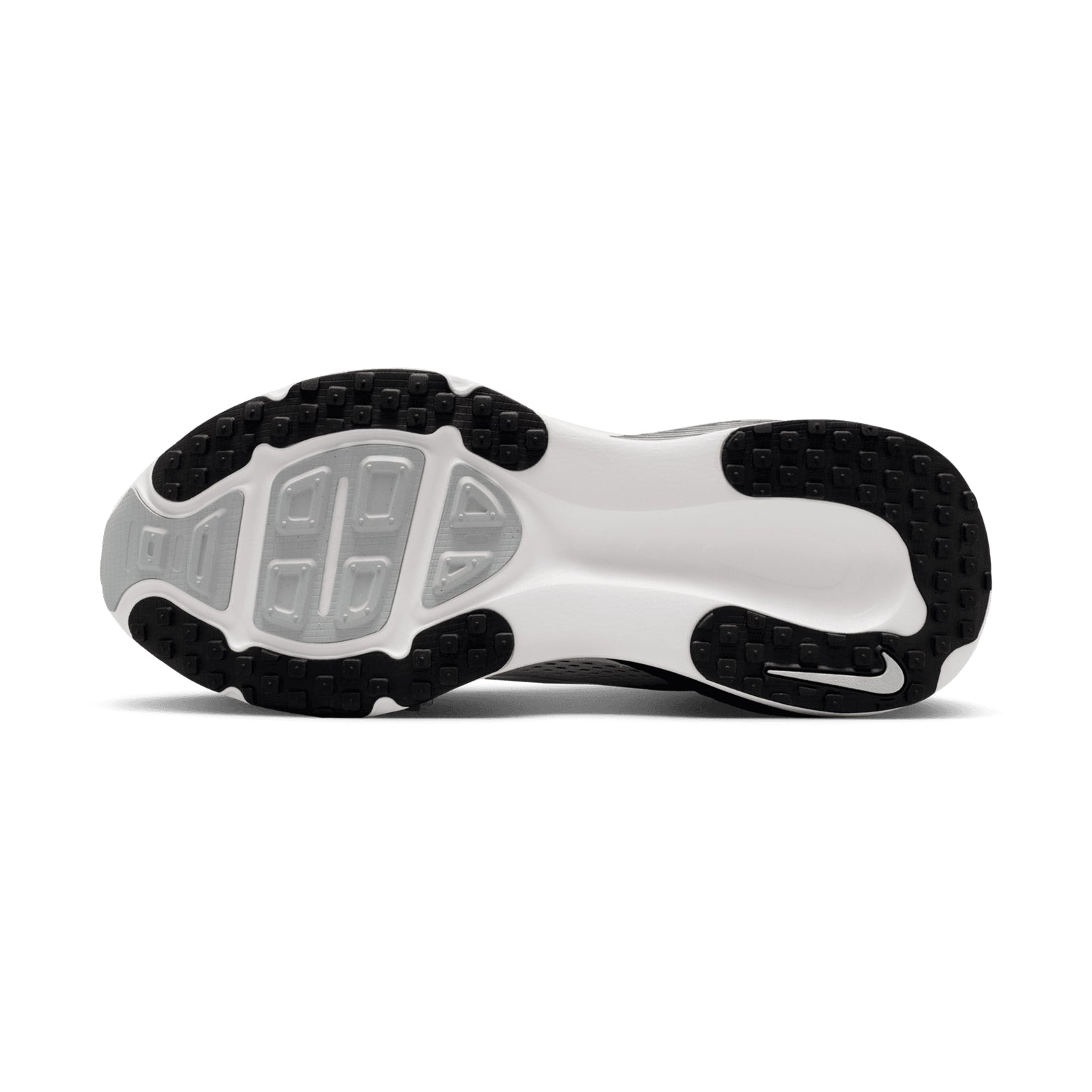 Nike Vomero 18 men's running shoe in Summit White / Black / Off White / Metallic Silver — outsole view showing redesigned traction pattern, strategic outsole pods and off white ReactX midsole stack