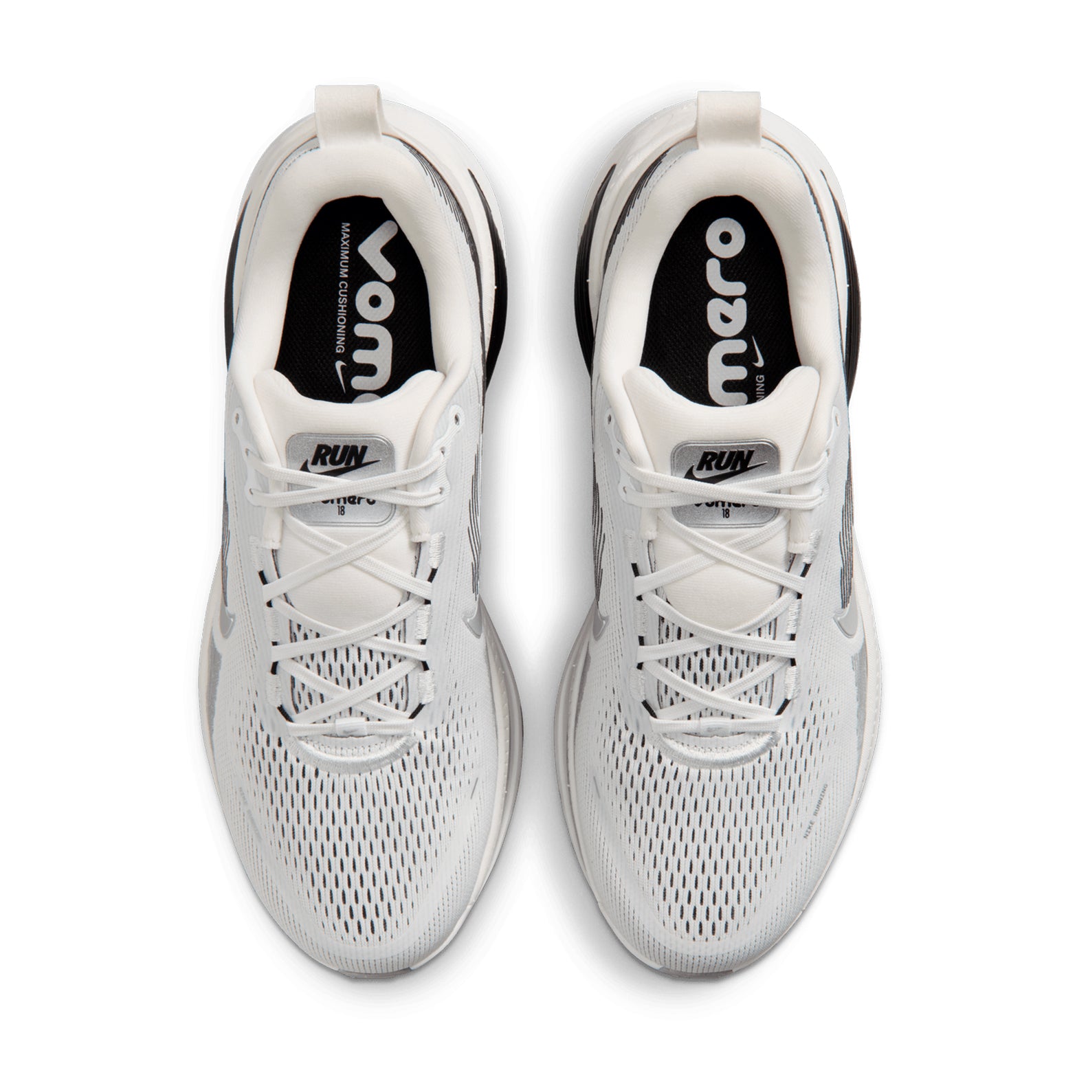 Nike Vomero 18 men's running shoe in Summit White / Black / Off White / Metallic Silver — top-down view showing summit white engineered mesh upper, plush tongue construction and lace closure with black detailing