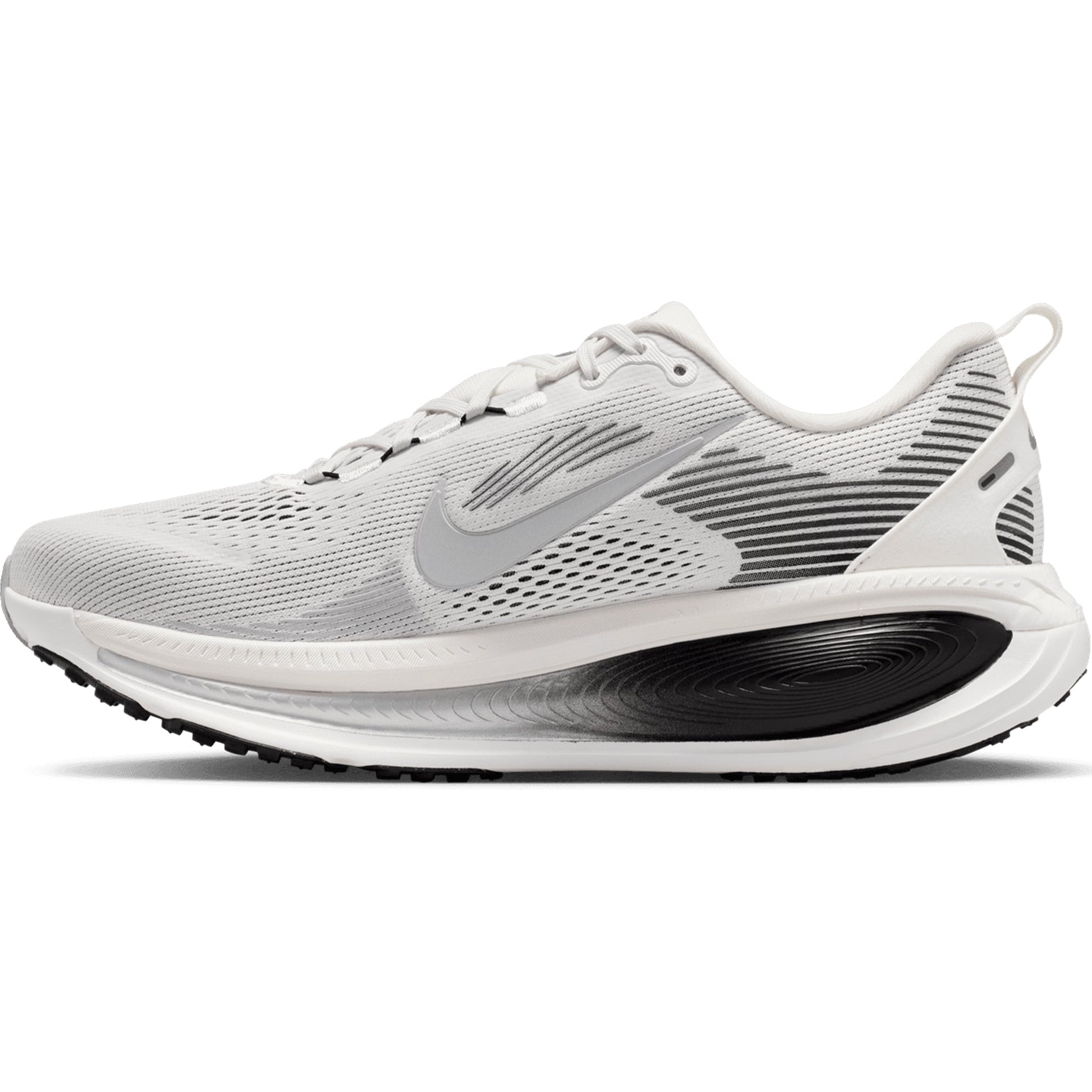 Nike Vomero 18 men's running shoe in Summit White / Black / Off White / Metallic Silver — inner view showing summit white engineered mesh upper, off white midsole detailing and strategic outsole pod construction
