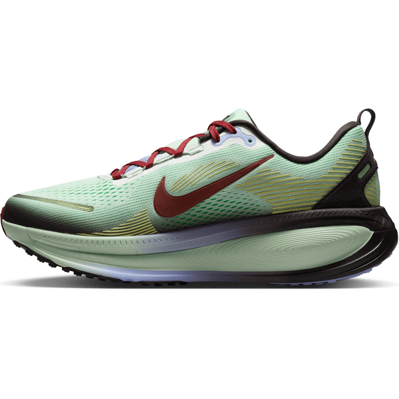 Introducing the Nike Men’s Vomero 18 SE Running Shoes in Frosted Spruce, Tar, Purple Fade, and Rugged Orange. Featuring a mint green upper with a bold red swoosh and matching red laces, these road running shoes incorporate black detailing at the heel and vibrant yellow accents. The thick, rounded sole showcases a striking green-to-black gradient effect. Engineered for performance, the Vomero 18 SE offers advanced dual-density cushioning to deliver exceptional comfort and support on every run.