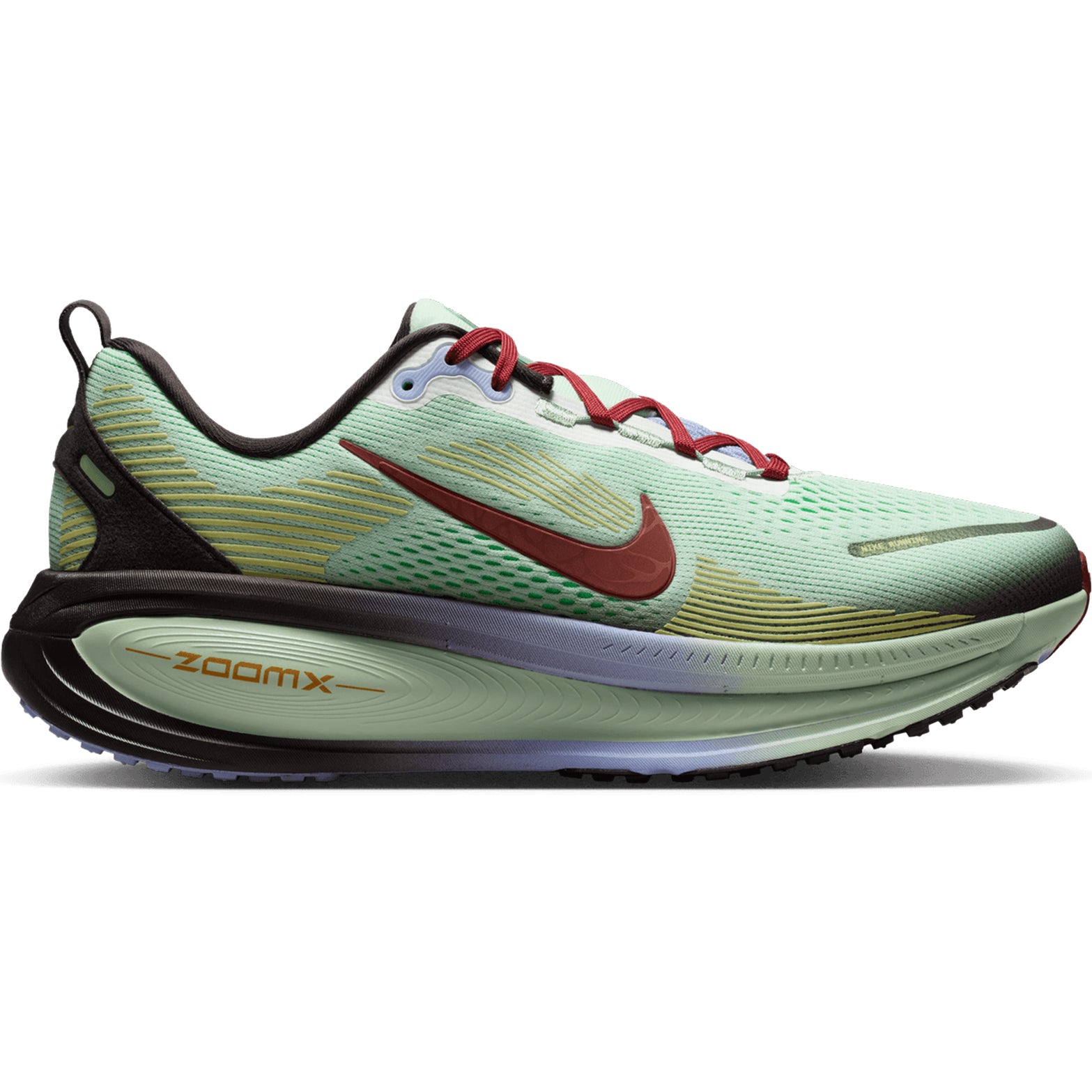 Introducing the Nike Men’s Vomero 18 SE Running Shoes in Frosted Spruce, Tar, Purple Fade, and Rugged Orange—designed specifically for road running. These shoes feature a refreshing mint green upper complemented by a bold red swoosh, burgundy laces, and a black heel. The ZOOMX label on the midsole highlights advanced dual-density cushioning for superior comfort. A black outsole with mint accents ensures both grip and style, while the breathable mesh upper provides exceptional airflow during your runs.