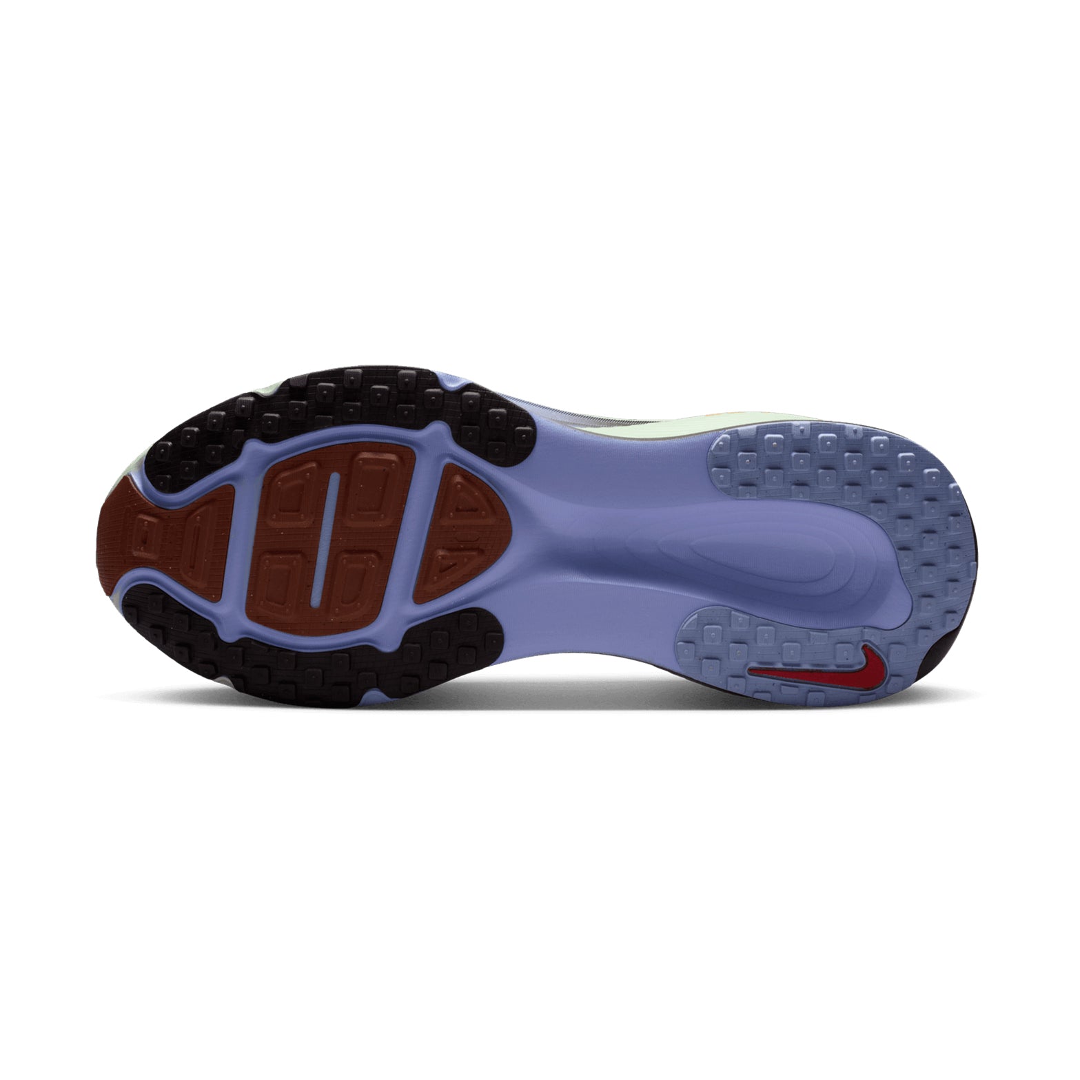 The underside of the Men’s Nike Vomero 18 SE Running Shoes in Frosted Spruce, Tar, Purple Fade, and Rugged Orange displays a light blue sole with brown and black grip patterns and a red Nike Swoosh logo near the heel, featuring dual-density cushioning engineered for optimal comfort during road runs.