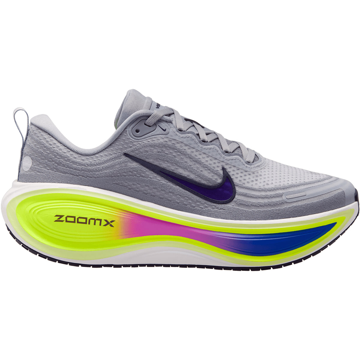 Introducing the Nike Men’s Vomero Plus RSG Running Shoes in Stealth, Purple Dynasty, and Volt—this model features a gray mesh upper with a purple Swoosh, a thick, curved sole accented with yellow, pink, and blue hues, and white laces. Engineered with ZoomX cushioning for responsive comfort and maximum support.