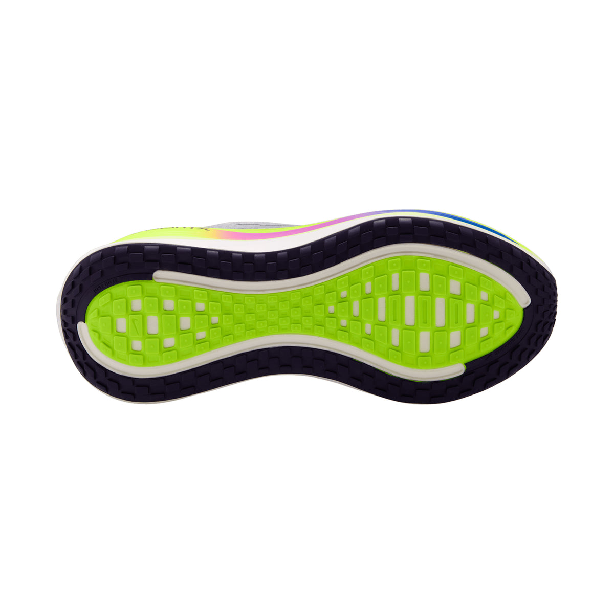 The image displays the bottom view of the Nike Men’s Vomero Plus RSG Running Shoes in Stealth, Purple Dynasty, and Volt, showcasing a neon green sole with black tread accents and a grid-like pattern that emphasizes their maximal cushioning.