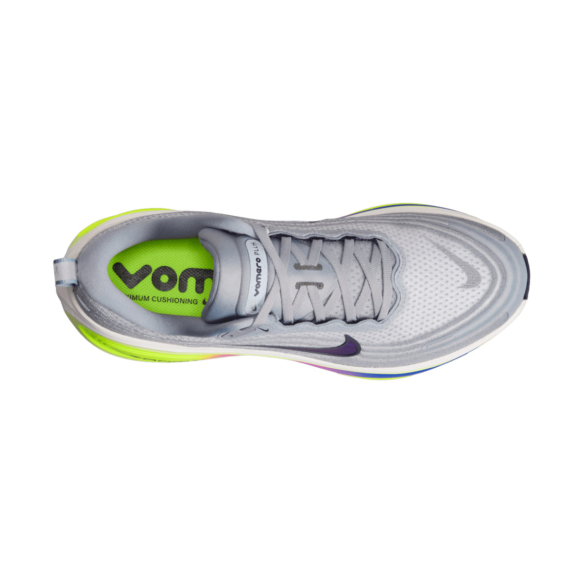 Top view of a light gray Nike Men’s Vomero Plus RSG Running Shoe in Stealth / Purple Dynasty / Volt, featuring a visible Nike swoosh, white laces, neon green (Volt) detail on the heel, maximal cushioning for superior comfort, and “VOMERO” printed inside.