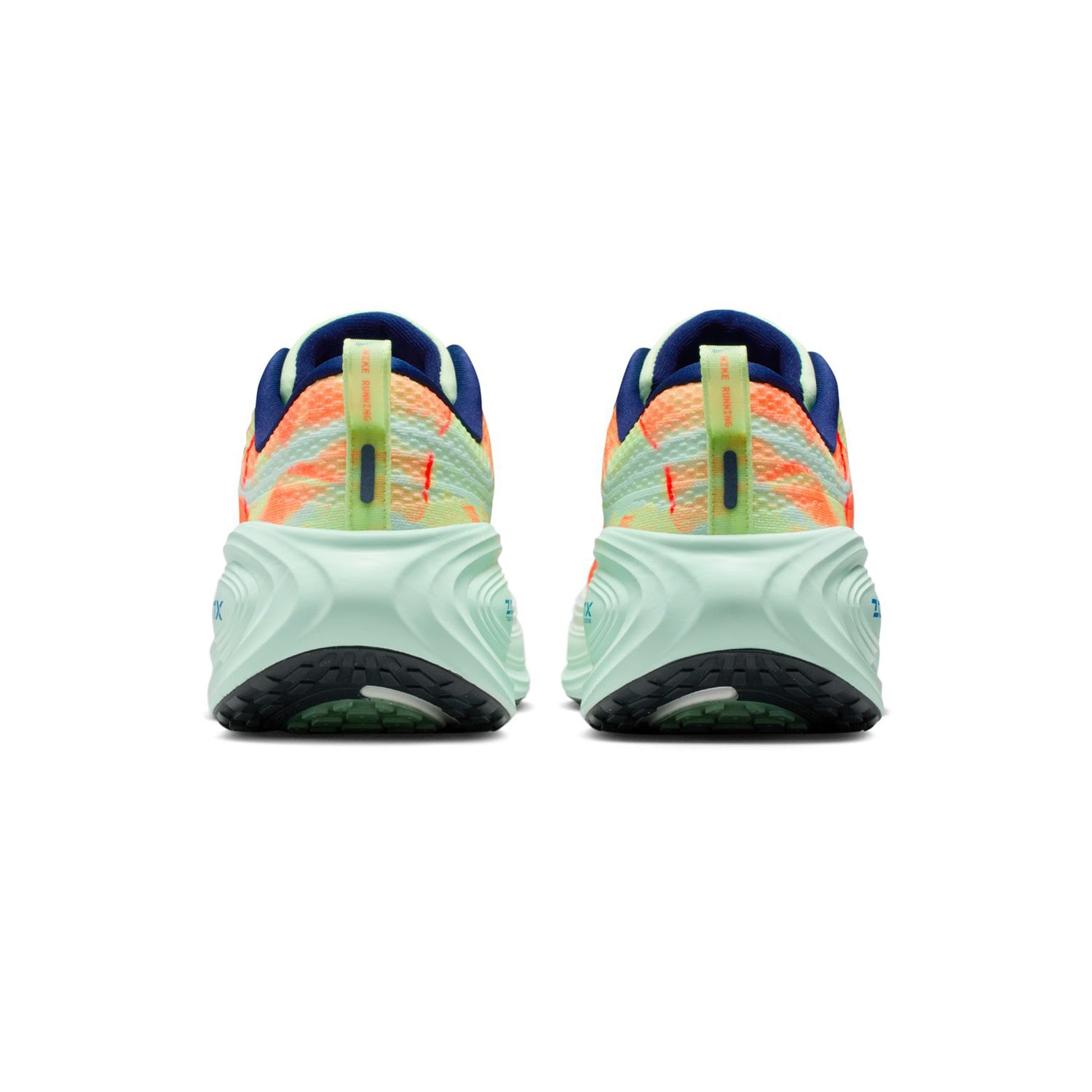 Men's Nike Vomero Plus Running Shoes Barely Volt Hot Lava Blue Void Indigo Burst pair heel view showing maximal ZoomX foam stack height and reflective details