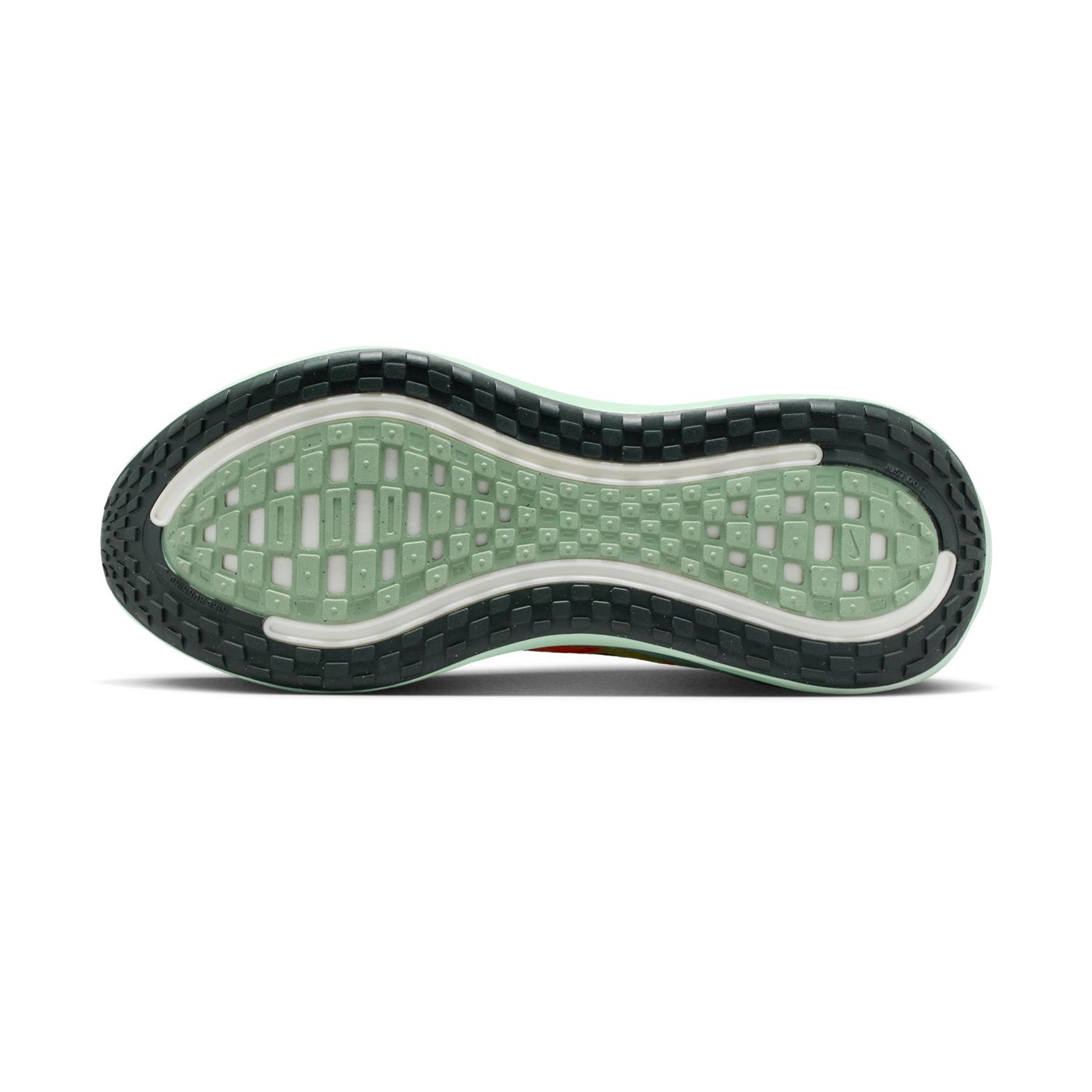 Men's Nike Vomero Plus Running Shoes Barely Volt Hot Lava Blue Void Indigo Burst sole view displaying high-abrasion rubber outsole in key wear zones