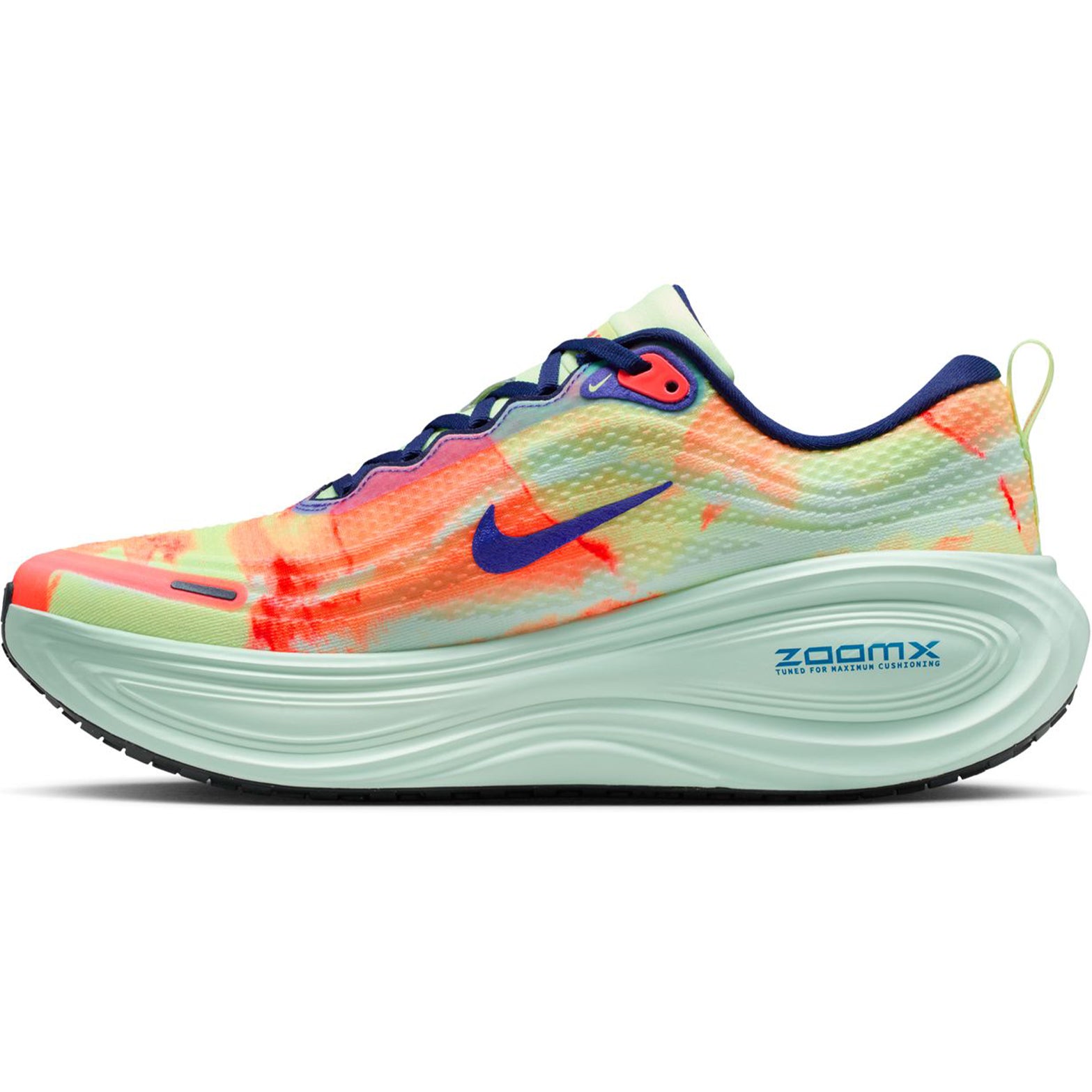 Men's Nike Vomero Plus Running Shoes Barely Volt Hot Lava Blue Void Indigo Burst inner side view showing ZoomX cushioning platform and engineered mesh upper