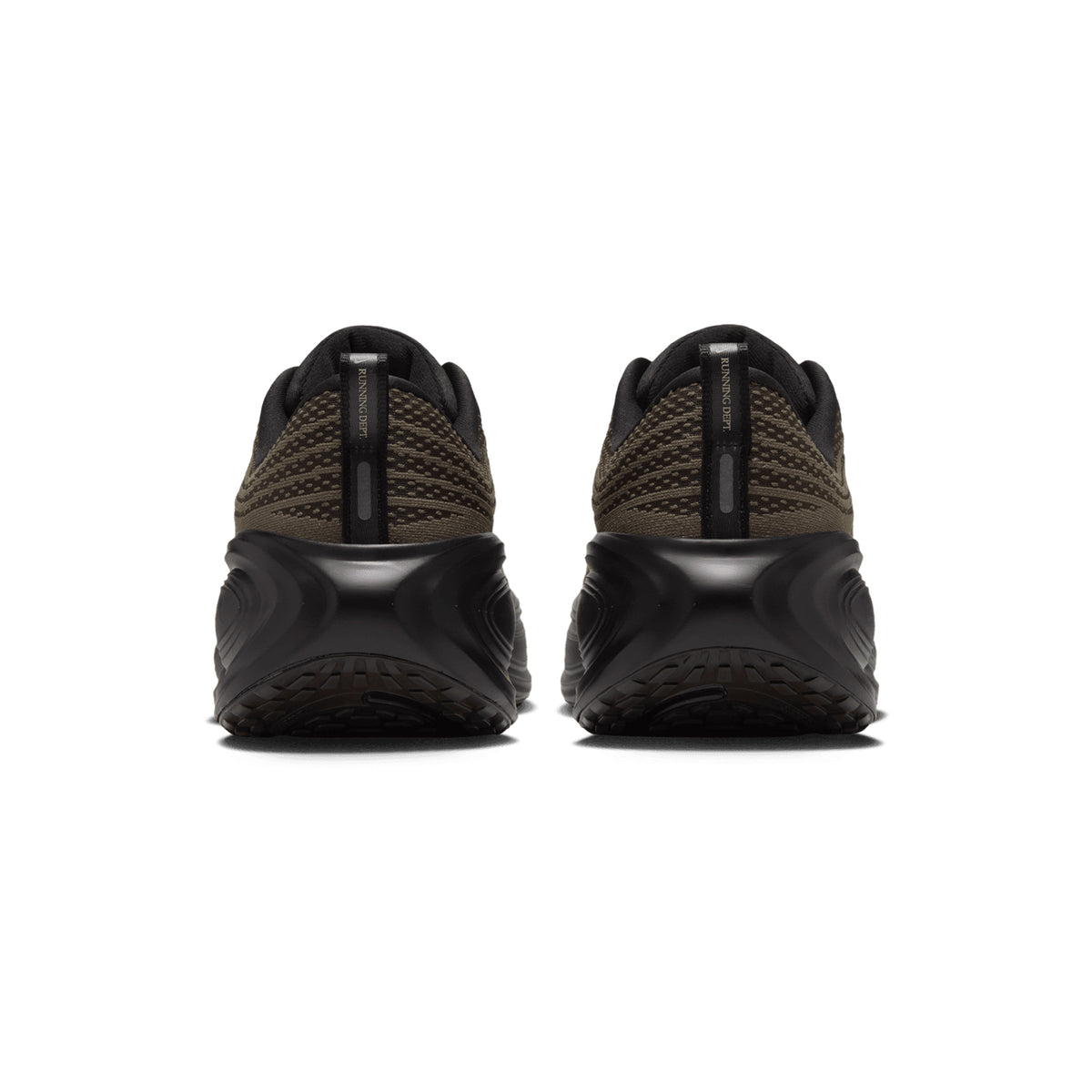 Back view of a pair of Men’s Vomero Plus Running Shoes Dark Hazel / Black / Desert Khaki with dark olive and black accents and black ZoomX foam midsoles.