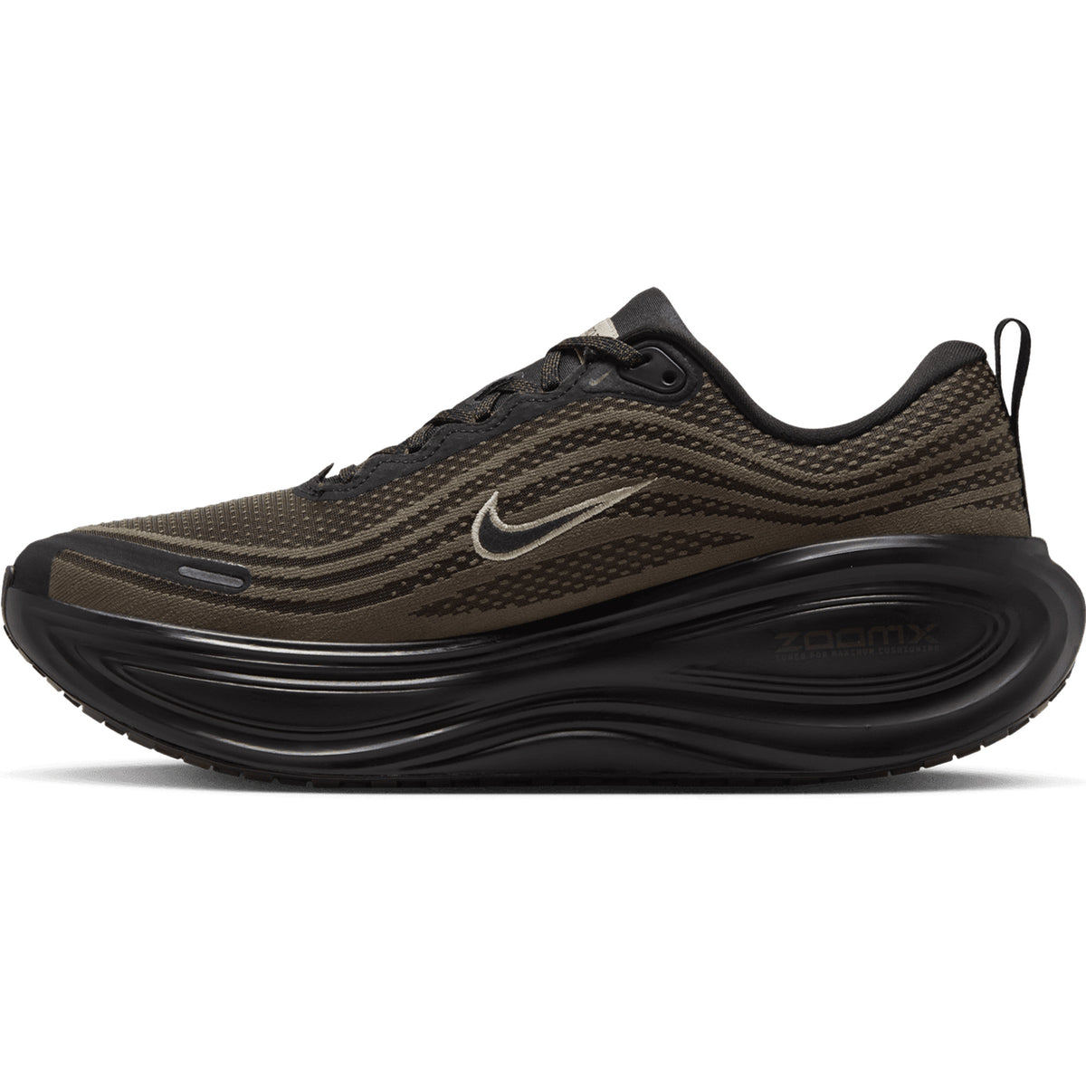 Men’s Vomero Plus Running Shoes in dark hazel, black, and desert khaki, featuring a thick, sculpted black sole and a small side logo.