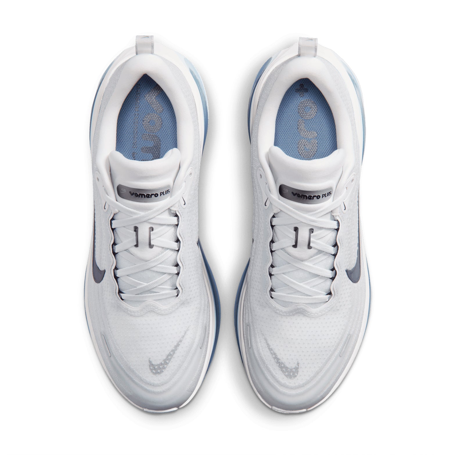 Nike Vomero Plus men's running shoe in Off White / Grey Fog / Thunderstorm / Obsidian — top-down view showing off white engineered mesh upper construction, lace closure and grey fog, thunderstorm and obsidian accent detailing