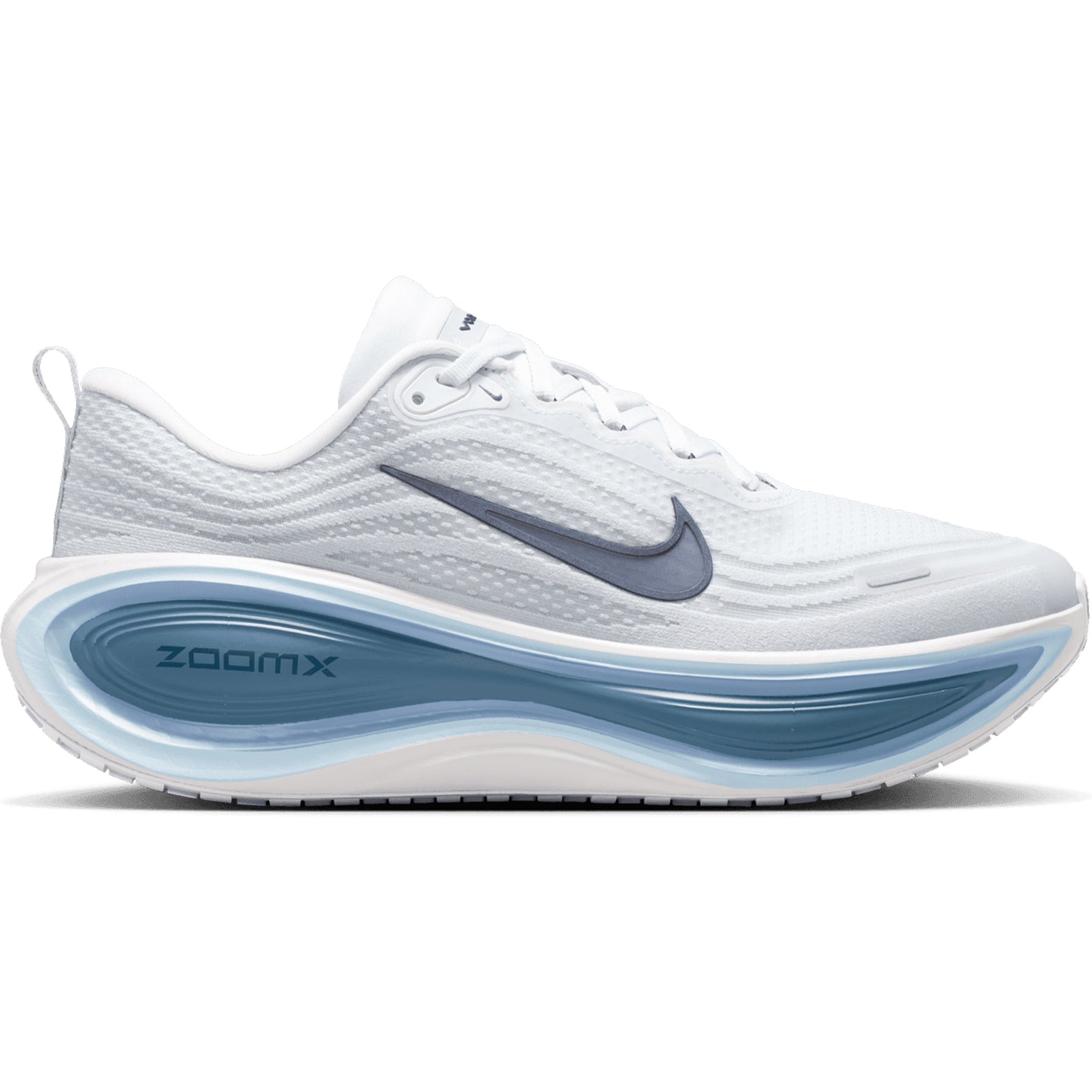 Nike Vomero Plus men's running shoe in Off White / Grey Fog / Thunderstorm / Obsidian — outer view showing off white engineered mesh upper with grey fog, thunderstorm and obsidian accent detailing and cushioning midsole profile