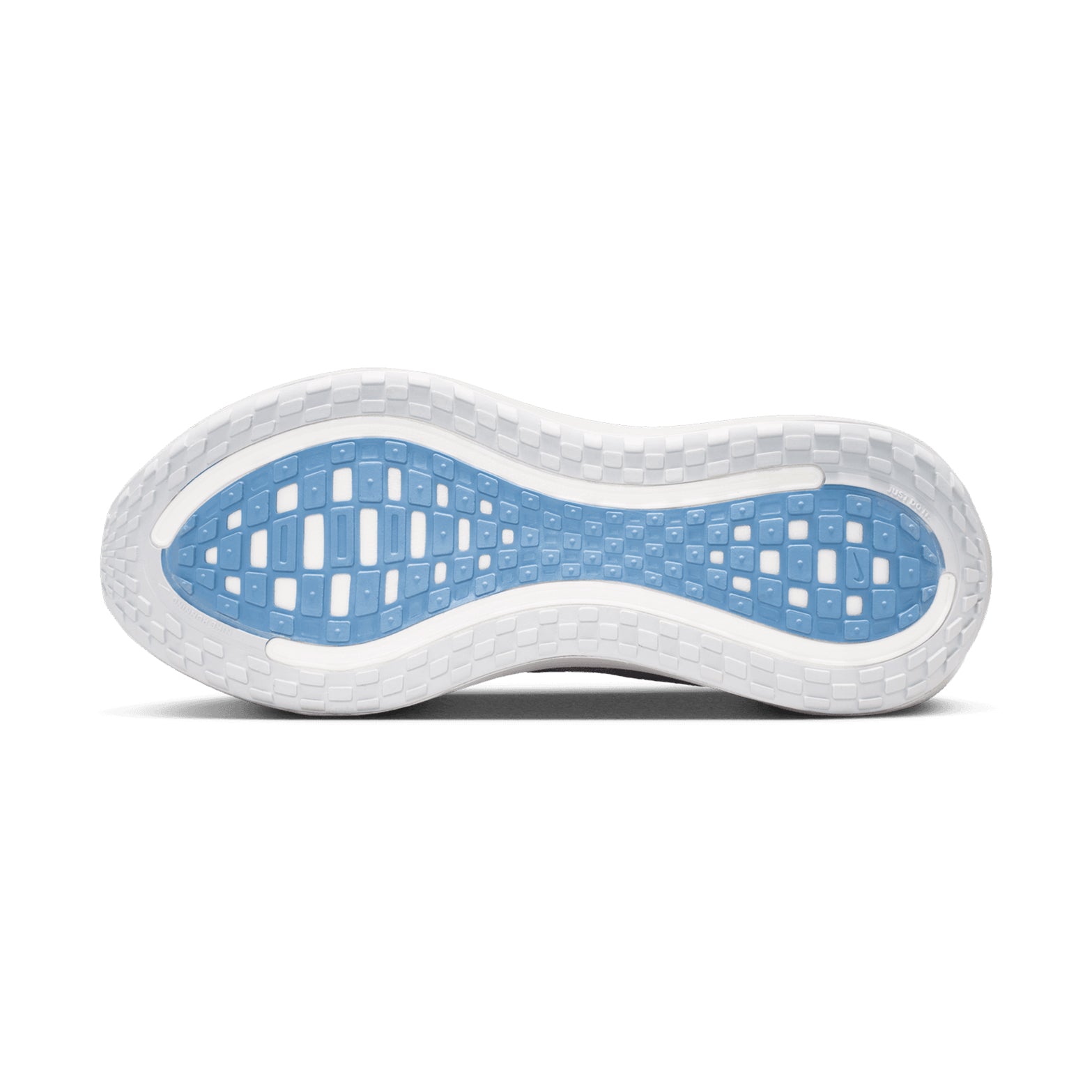 Nike Vomero Plus men's running shoe in Off White / Grey Fog / Thunderstorm / Obsidian — outsole view showing durable rubber tread pattern and grey fog responsive cushioning midsole stack profile