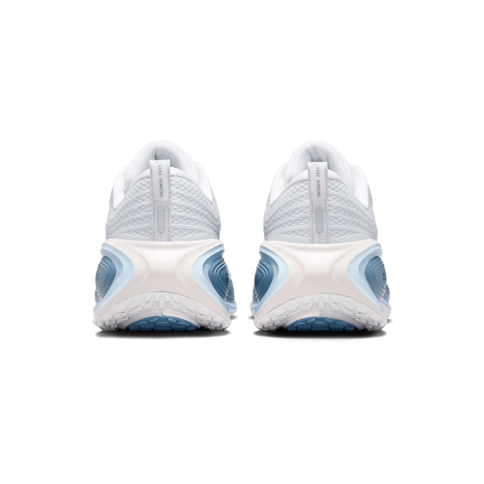 Nike Vomero Plus men's running shoe in Off White / Grey Fog / Thunderstorm / Obsidian — heel view showing structured support construction, thunderstorm heel detailing and grey fog cushioning midsole contrast