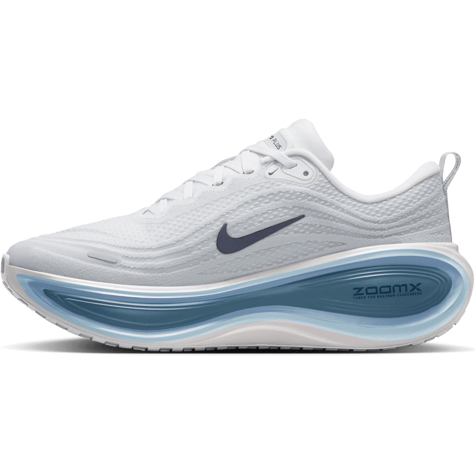 Nike Vomero Plus men's running shoe in Off White / Grey Fog / Thunderstorm / Obsidian — inner view showing off white engineered mesh upper, grey fog midsole detailing, responsive cushioning and foam construction with support structure