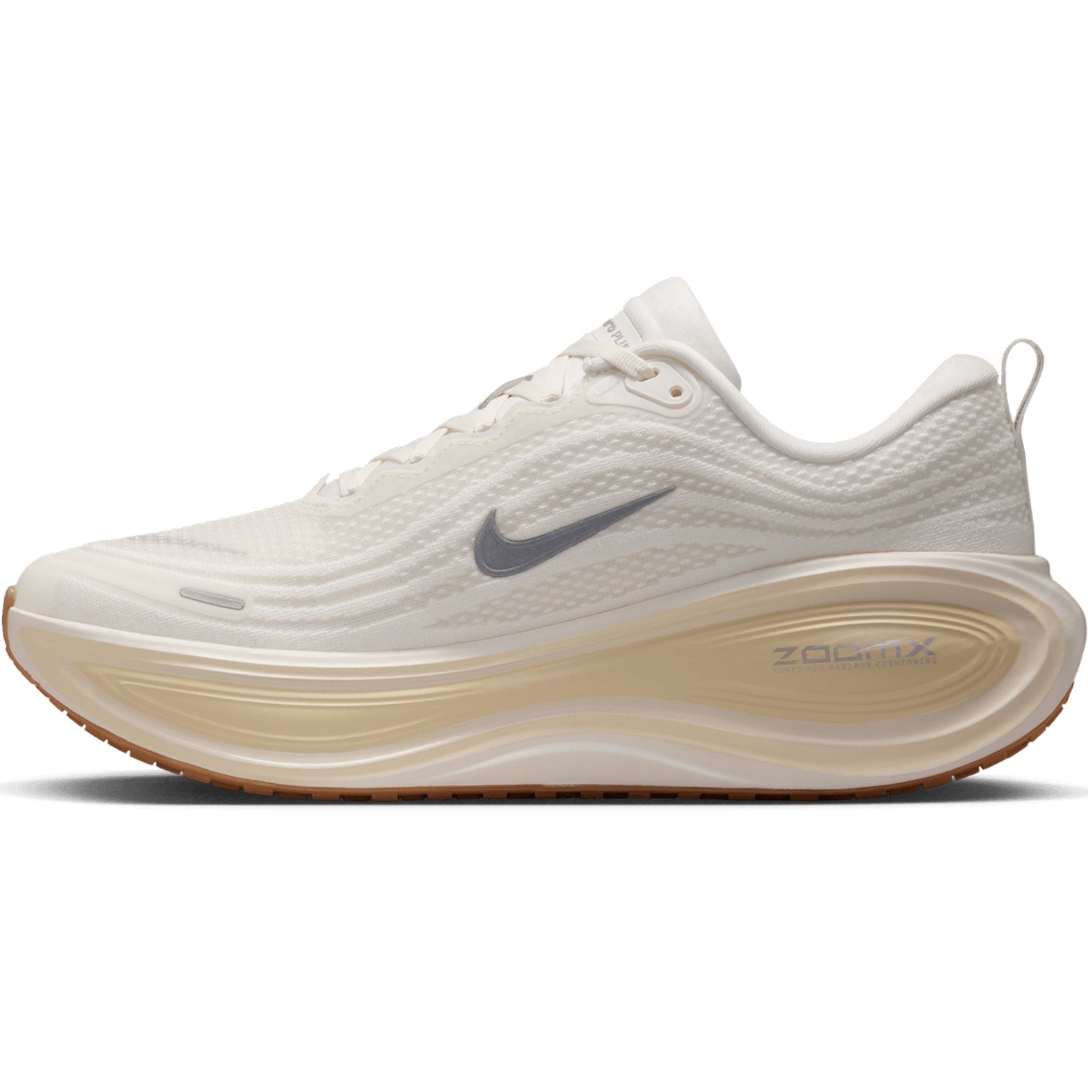 Men's Nike Vomero Plus Running Shoes Sail Coconut Milk Light Khaki Metallic Silver inner side view showing full-length ZoomX foam with plush tongue and webbed lace loops for comfortable secure everyday training