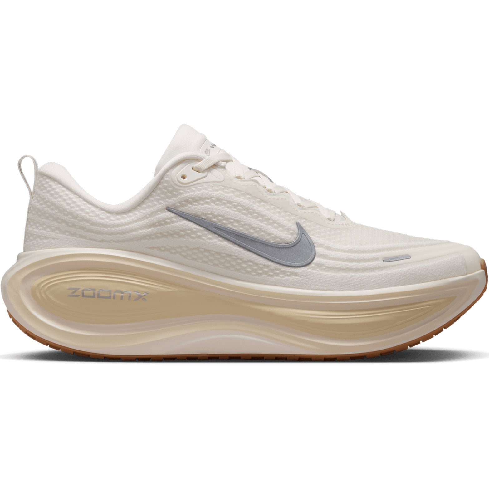 Men's Nike Vomero Plus Running Shoes Sail Coconut Milk Light Khaki Metallic Silver outer side view showing full-length ZoomX foam midsole with high-abrasion rubber outsole for maximum cushioned daily running