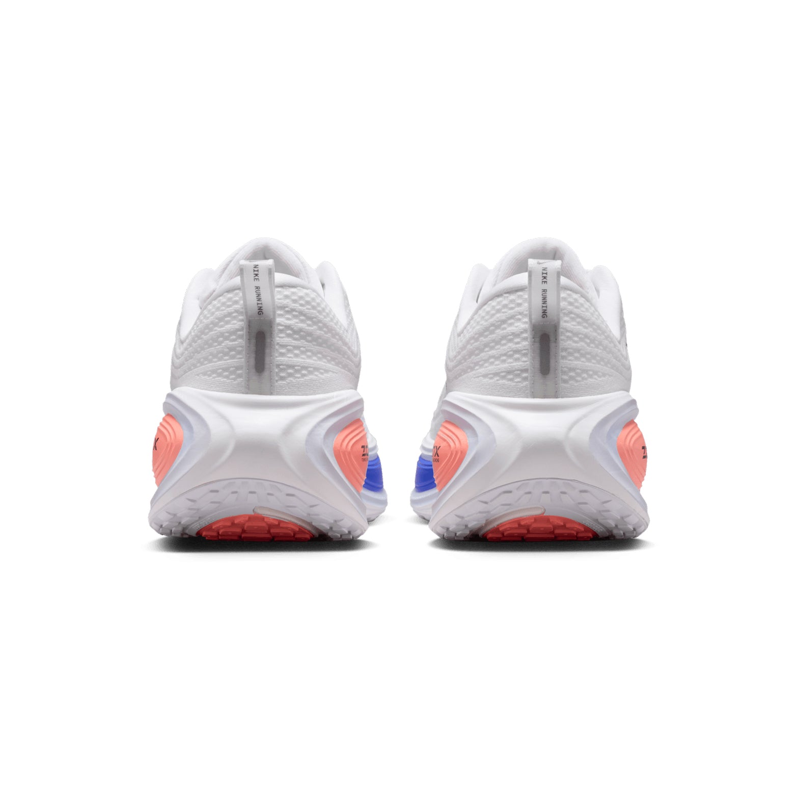 Men's Nike Vomero Plus Running Shoes White Atomic Pink Racer Blue Black heel view showing maximal ZoomX foam stack with 10mm drop and high-abrasion rubber for plush protected daily running