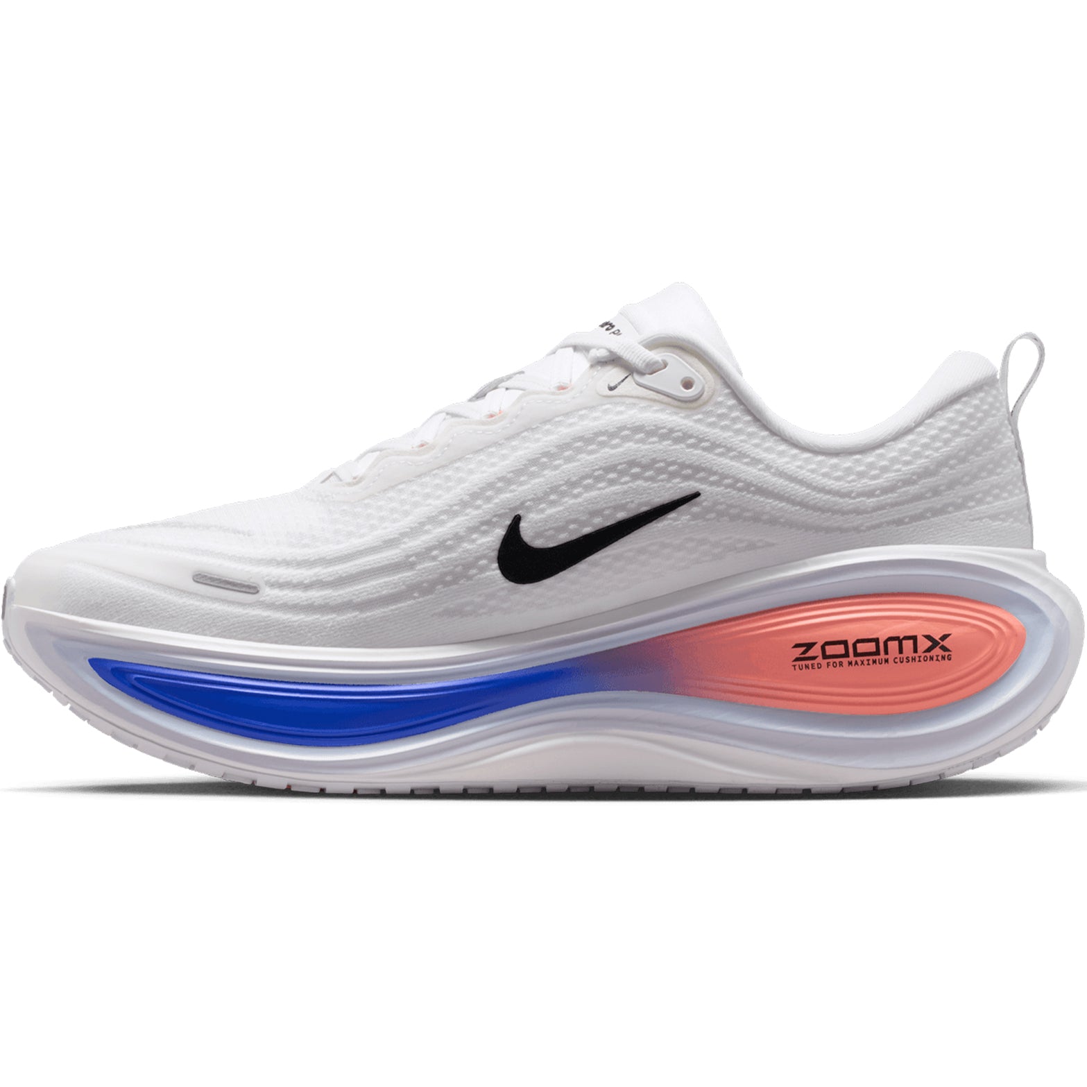 Men's Nike Vomero Plus Running Shoes White Atomic Pink Racer Blue Black inner side view showing full-length ZoomX foam with plush tongue and webbed lace loops for comfortable secure everyday training
