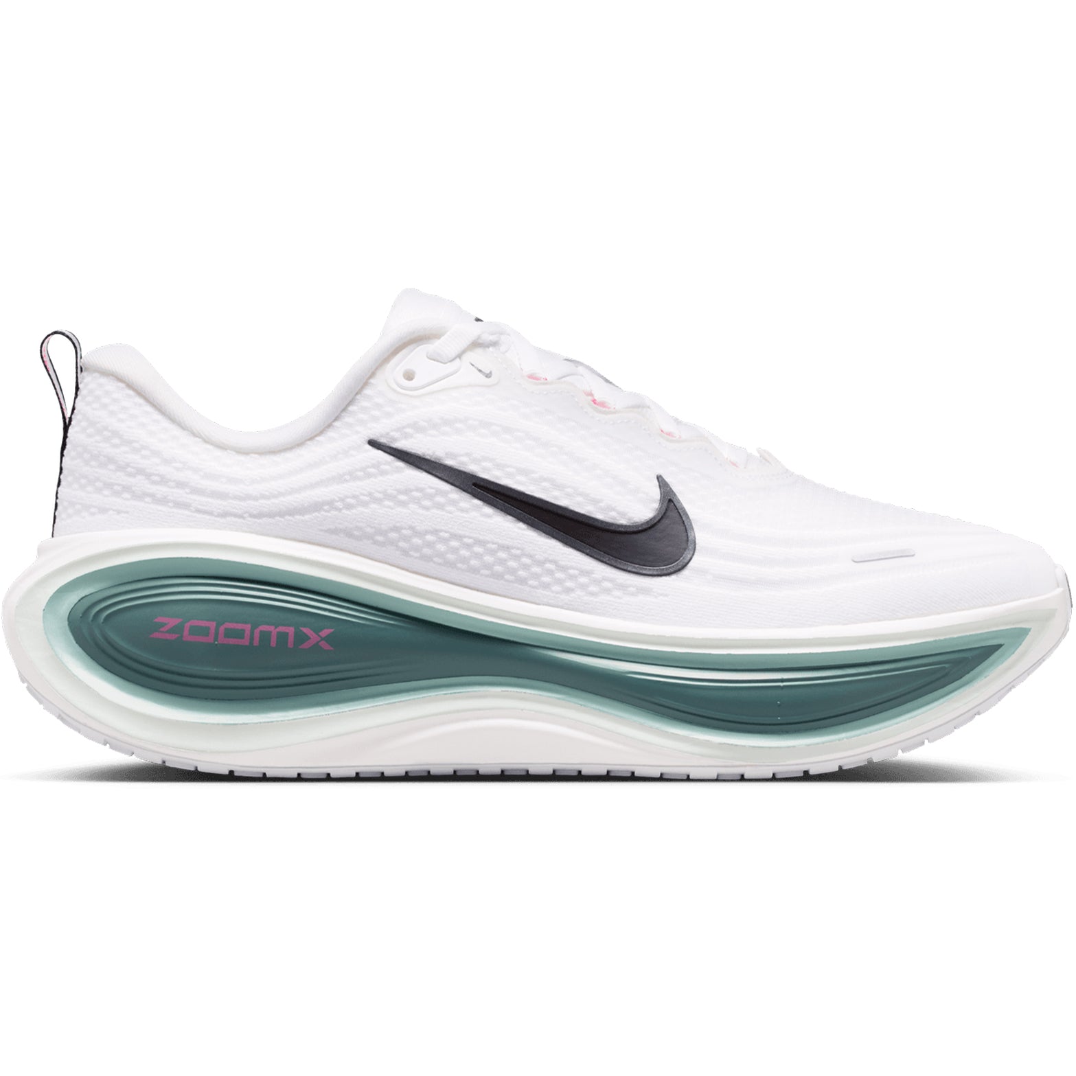 Nike Vomero Plus men's running shoe in White / Black / Mineral Slate / Hyper Pink — outer view showing white engineered mesh upper with black and mineral slate detailing, hyper pink accent and full-length ZoomX foam midsole profile
