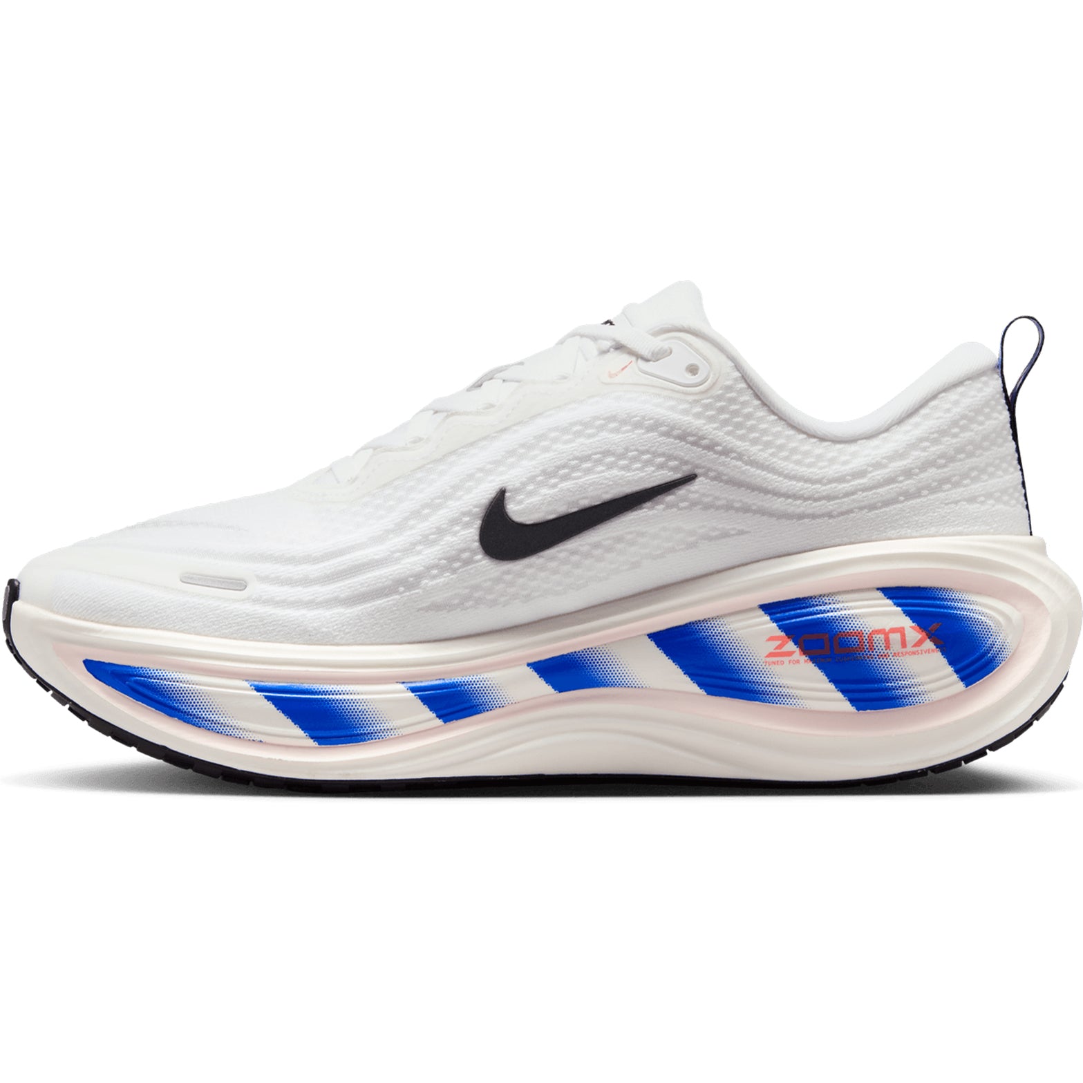 Men's Nike Vomero Plus Running Shoes White Black Racer Blue Bright Crimson inner side view showing ZoomX foam cushioning with Air Zoom technology for responsive daily running