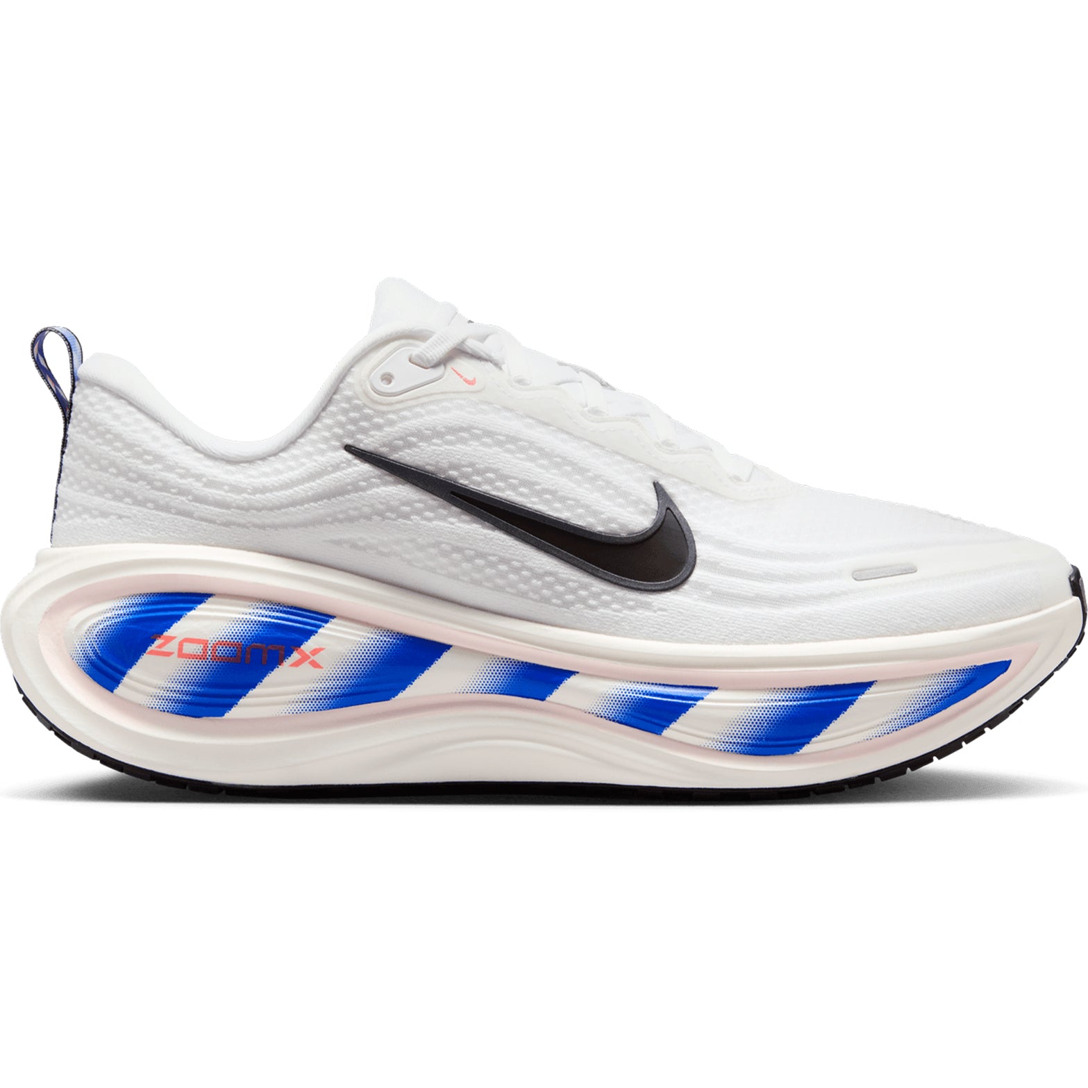 Men's Nike Vomero Plus Running Shoes White Black Racer Blue Bright Crimson outer side view showing dual Air Zoom units with full-length ZoomX foam midsole and premium construction
