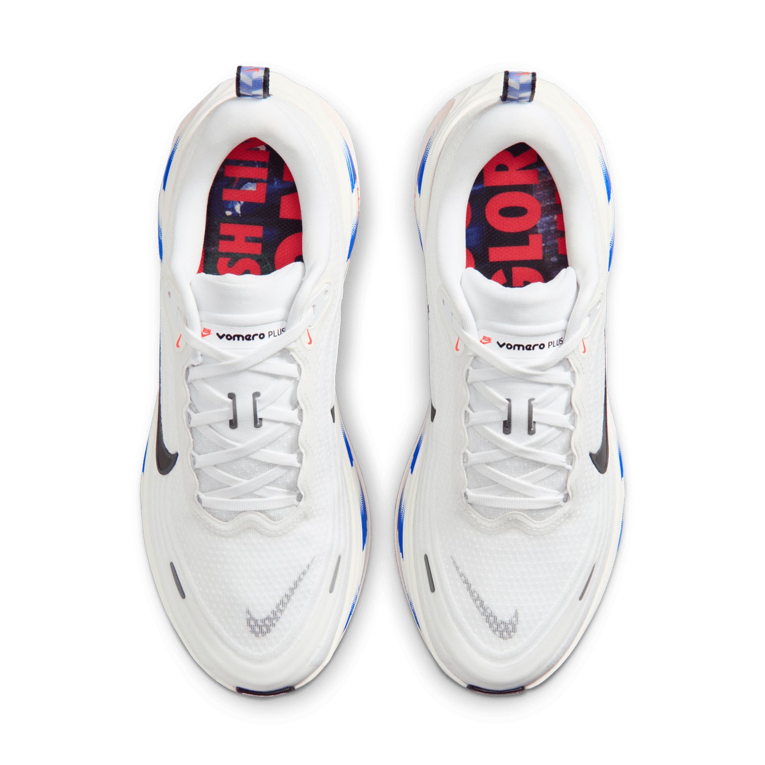 Men's Nike Vomero Plus Running Shoes White Black Racer Blue Bright Crimson top view showing premium upper construction with breathable materials for everyday training