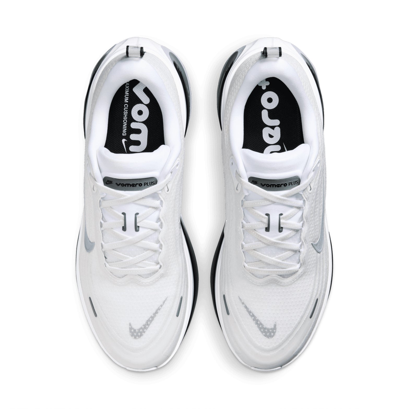 Nike Vomero Plus men's running shoe in White / Metallic Silver / Black — top-down view showing white engineered mesh upper, webbed lace loop system and lace closure with black detailing